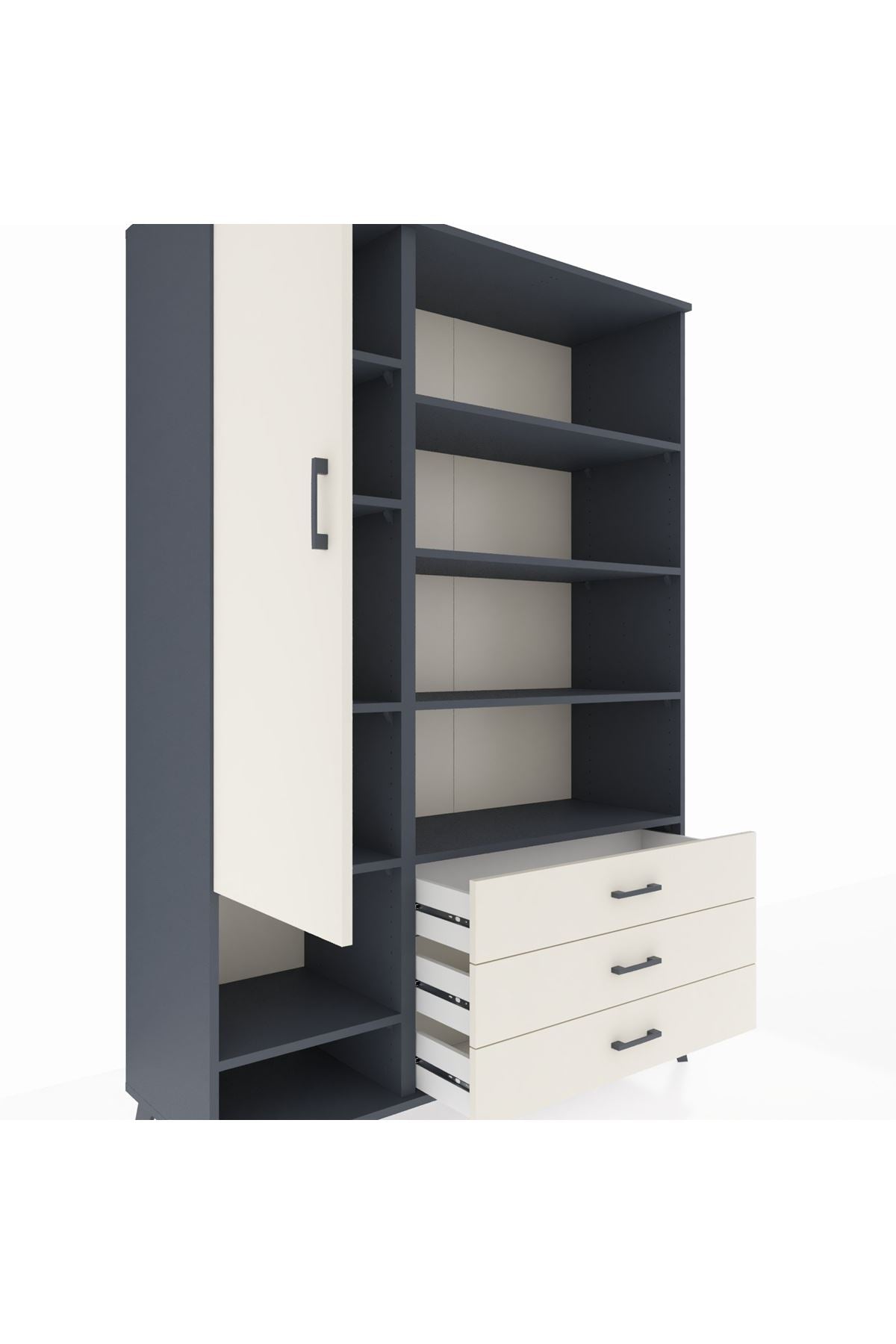 Hyperion Dolap 9 Raflı 3 Çekmeceli Tek Kapaklı  132x44x195 Antrasit-Aytaşı/Aytaşı