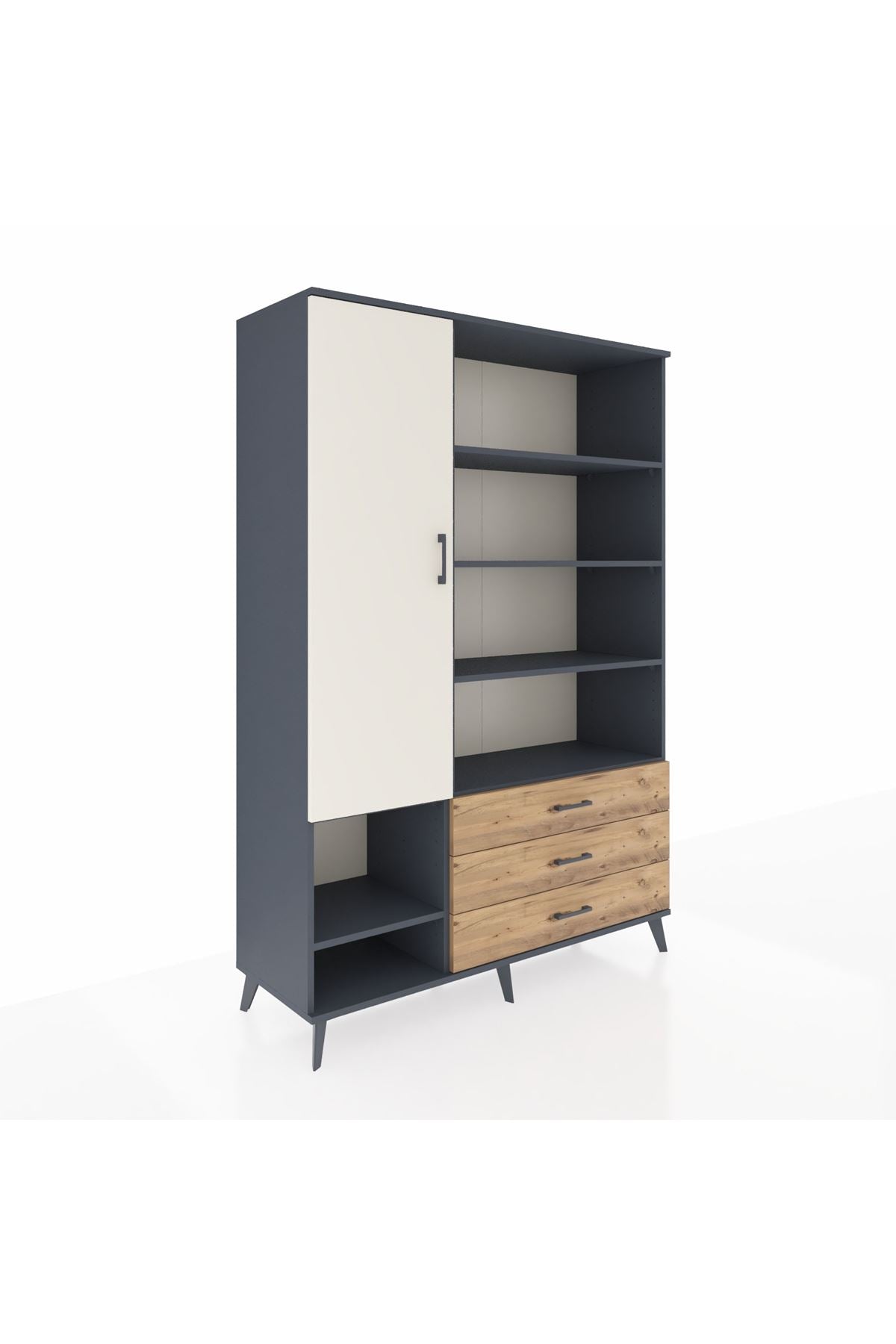 Hyperion Dolap 9 Raflı 3 Çekmeceli Tek Kapaklı  132x44x195 Antrasit-Aytaşı/Çam