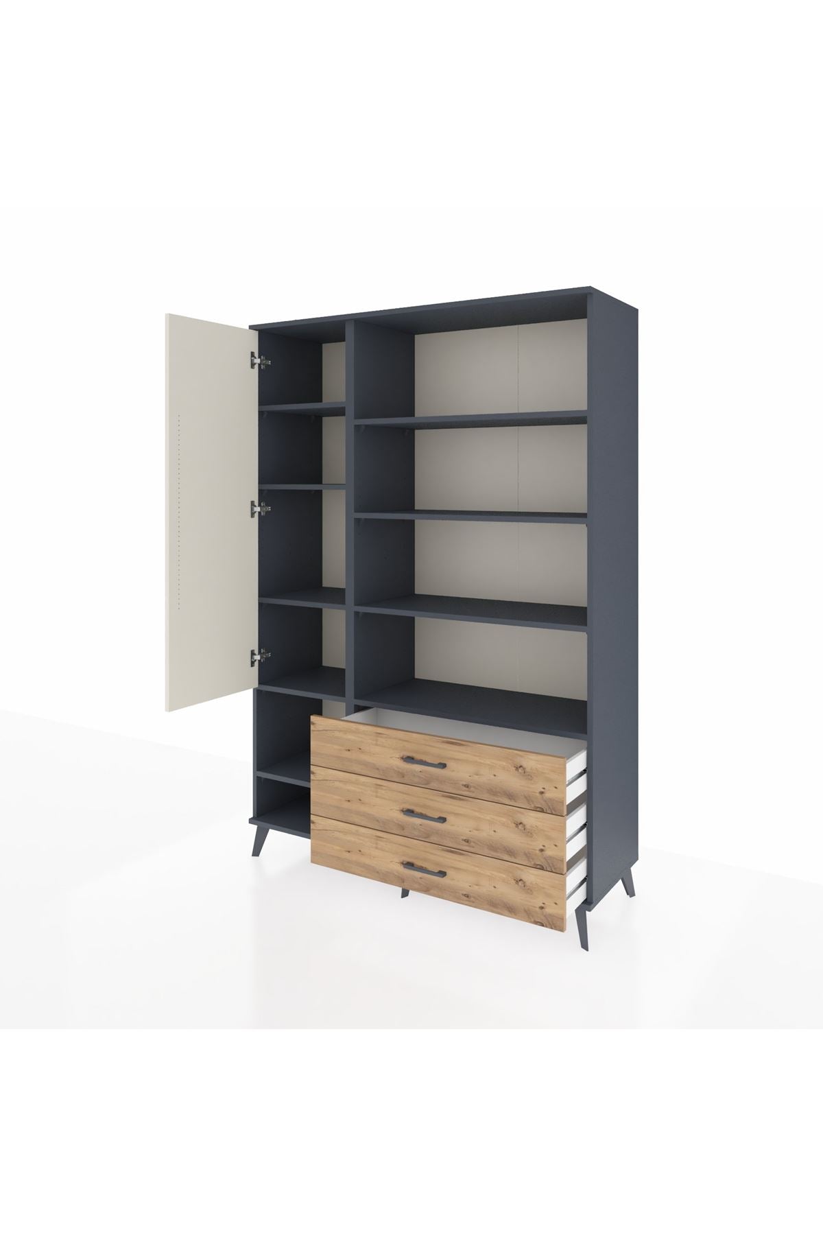 Hyperion Dolap 9 Raflı 3 Çekmeceli Tek Kapaklı  132x44x195 Antrasit-Aytaşı/Çam
