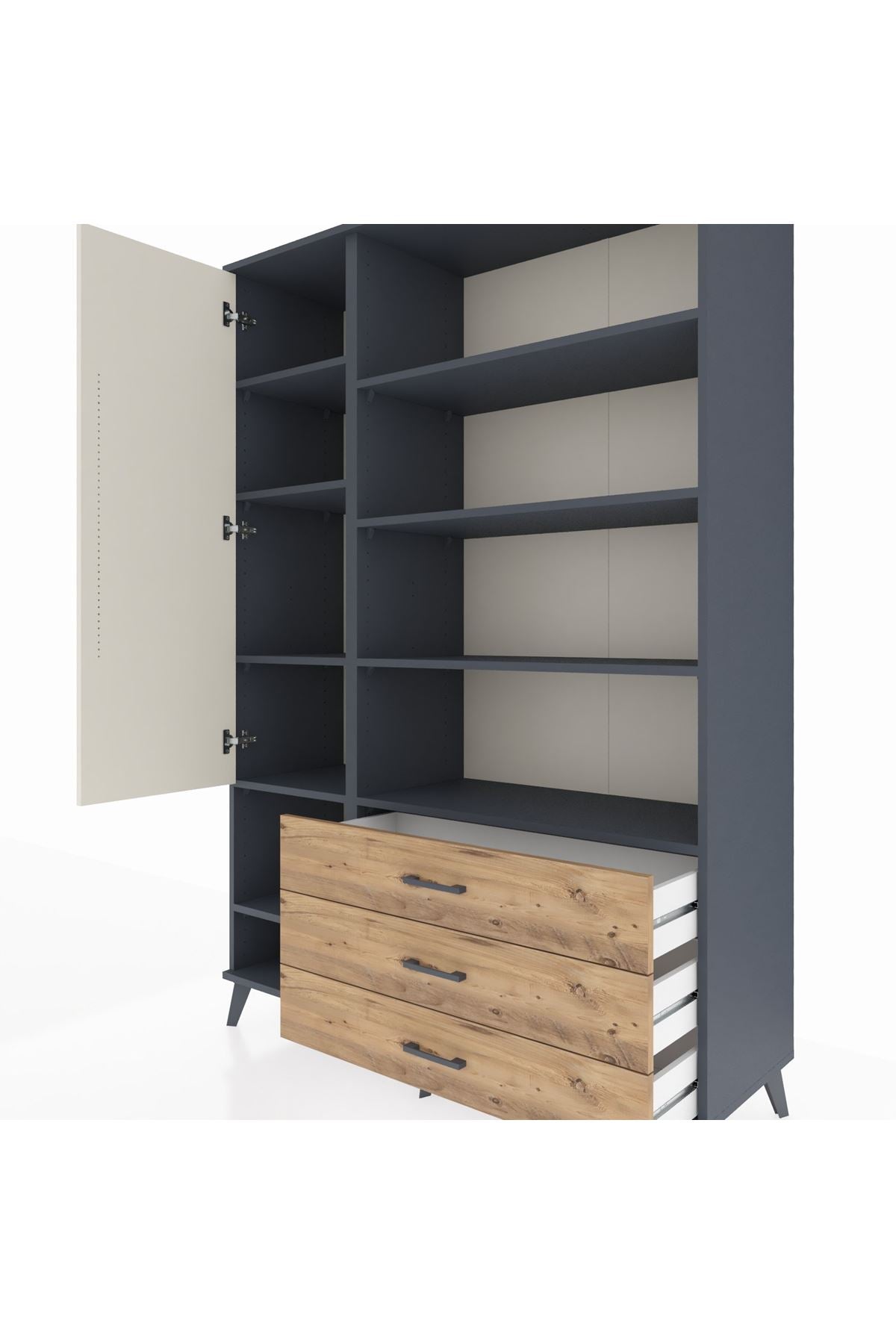 Hyperion Dolap 9 Raflı 3 Çekmeceli Tek Kapaklı  132x44x195 Antrasit-Aytaşı/Çam