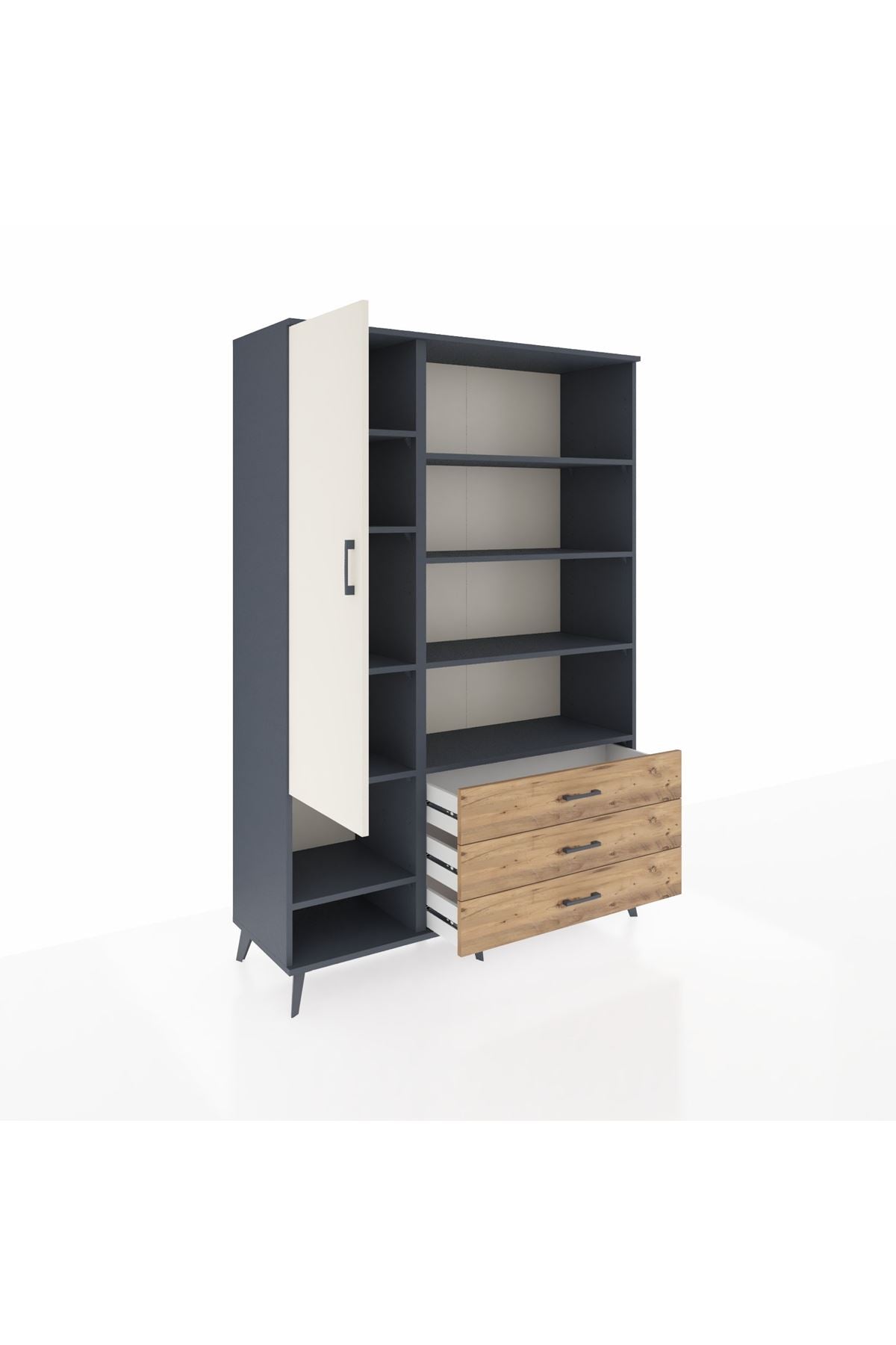 Hyperion Dolap 9 Raflı 3 Çekmeceli Tek Kapaklı  132x44x195 Antrasit-Aytaşı/Çam