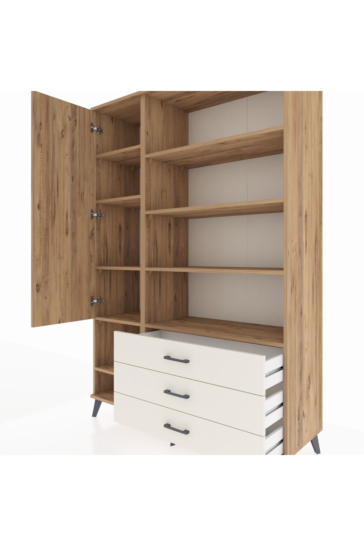 Hyperion Dolap 9 Raflı 3 Çekmeceli Tek Kapaklı  132x44x195 Çam-Çam/Aytaşı