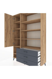 Hyperion Dolap 9 Raflı 3 Çekmeceli Tek Kapaklı  132x44x195 Çam-Çam/Antrasit