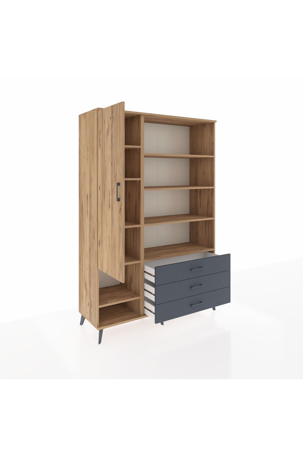 Hyperion Dolap 9 Raflı 3 Çekmeceli Tek Kapaklı  132x44x195 Çam-Çam/Antrasit