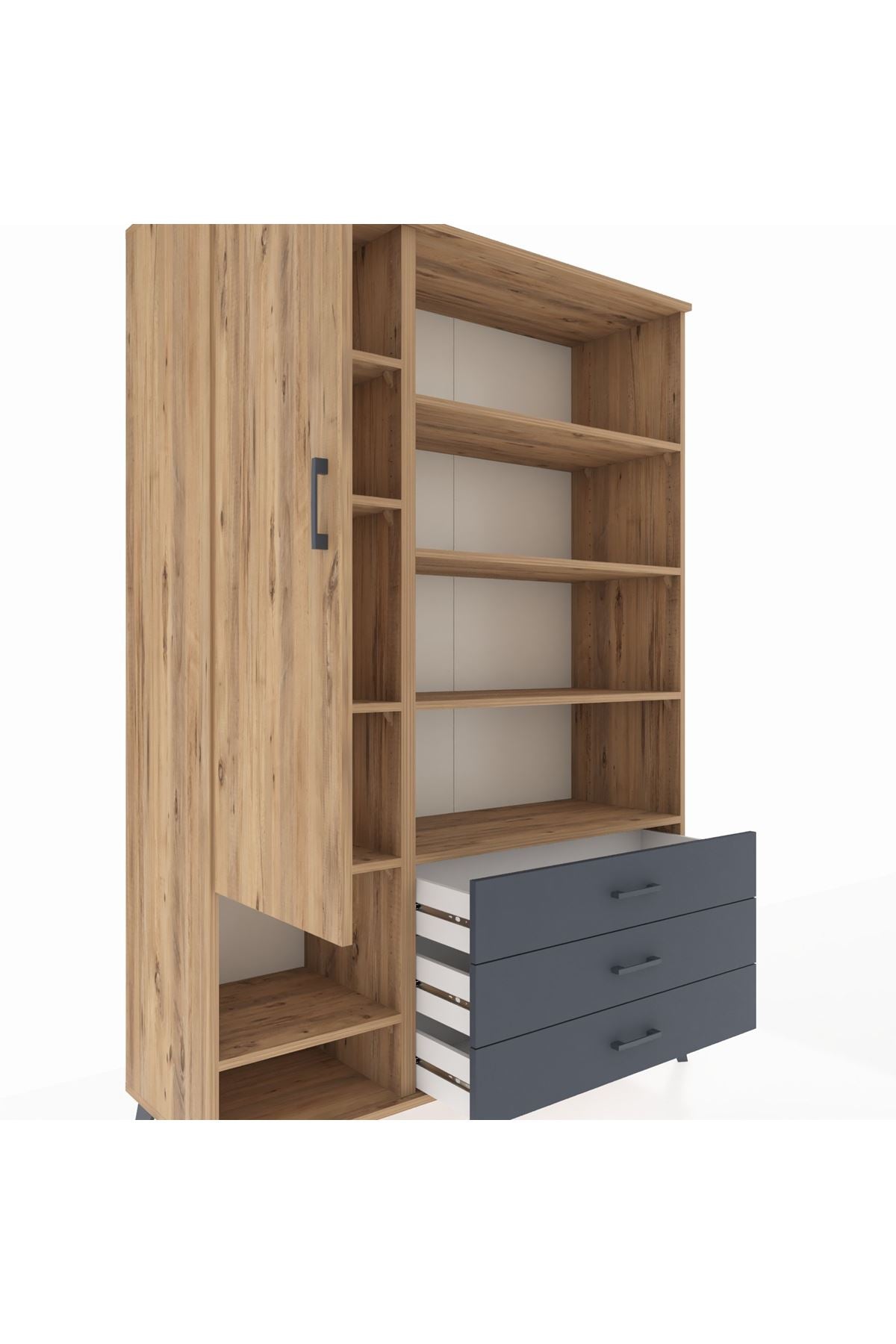 Hyperion Dolap 9 Raflı 3 Çekmeceli Tek Kapaklı  132x44x195 Çam-Çam/Antrasit