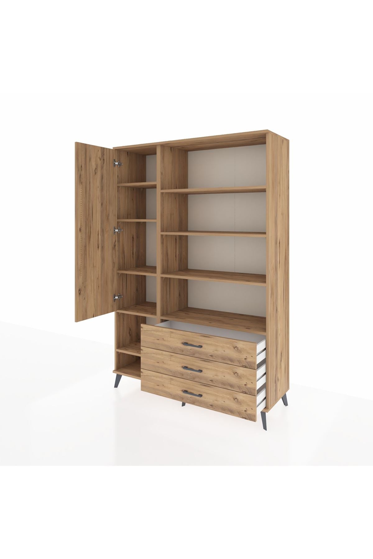 Hyperion Dolap 9 Raflı 3 Çekmeceli Tek Kapaklı  132x44x195 Çam-Çam/Çam