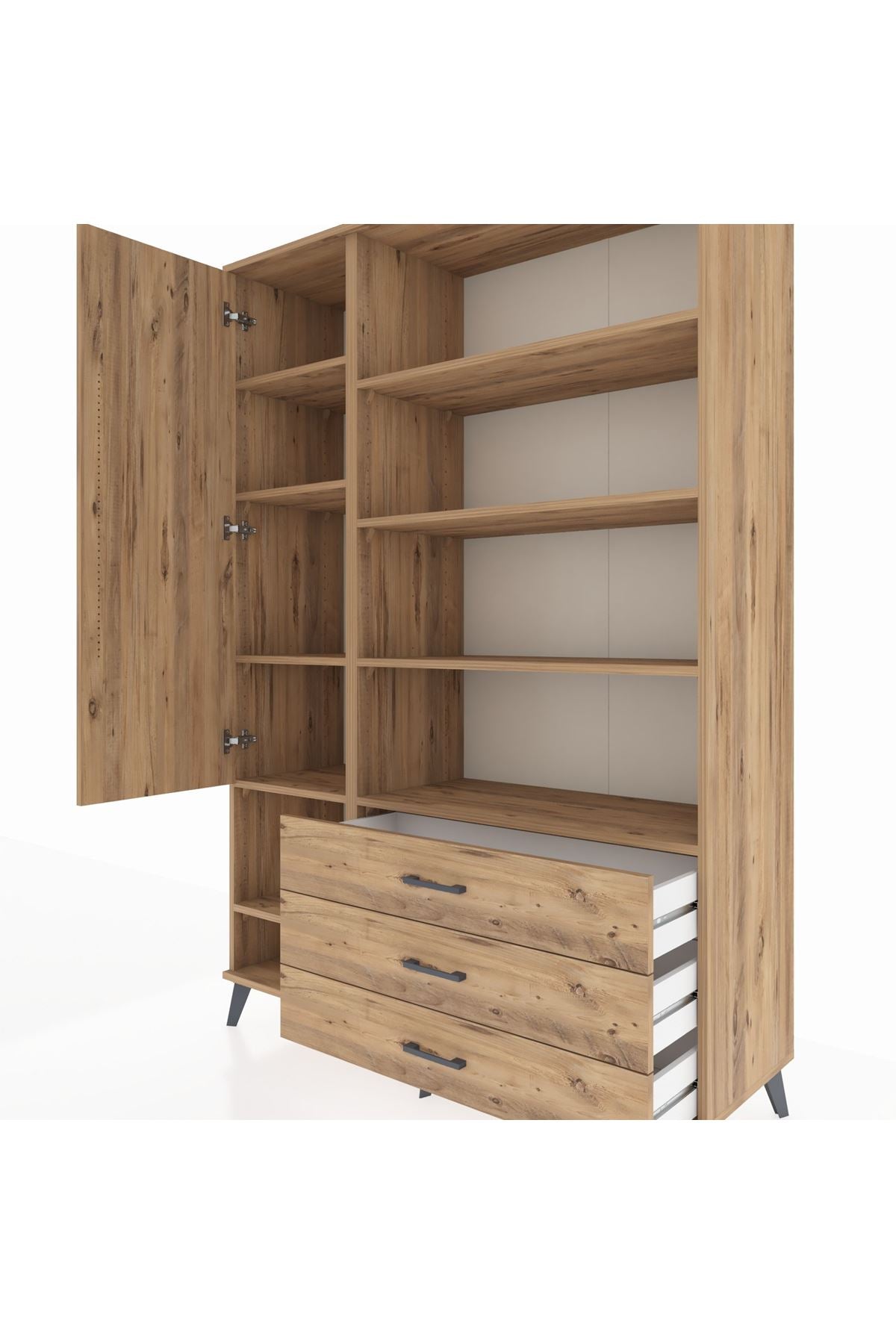 Hyperion Dolap 9 Raflı 3 Çekmeceli Tek Kapaklı  132x44x195 Çam-Çam/Çam