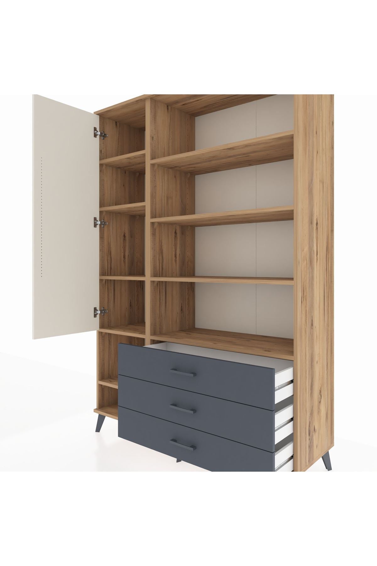 Hyperion Dolap 9 Raflı 3 Çekmeceli Tek Kapaklı  132x44x195 Çam-Aytaşı/Antrasit