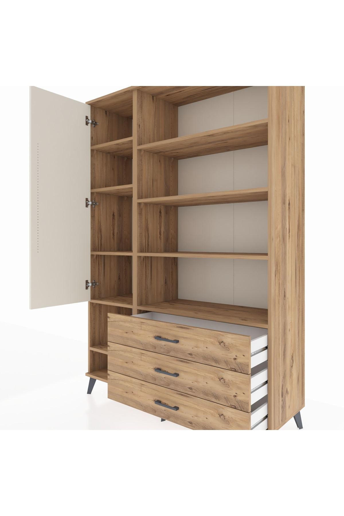 Hyperion Dolap 9 Raflı 3 Çekmeceli Tek Kapaklı  132x44x195 Çam-Aytaşı/Çam