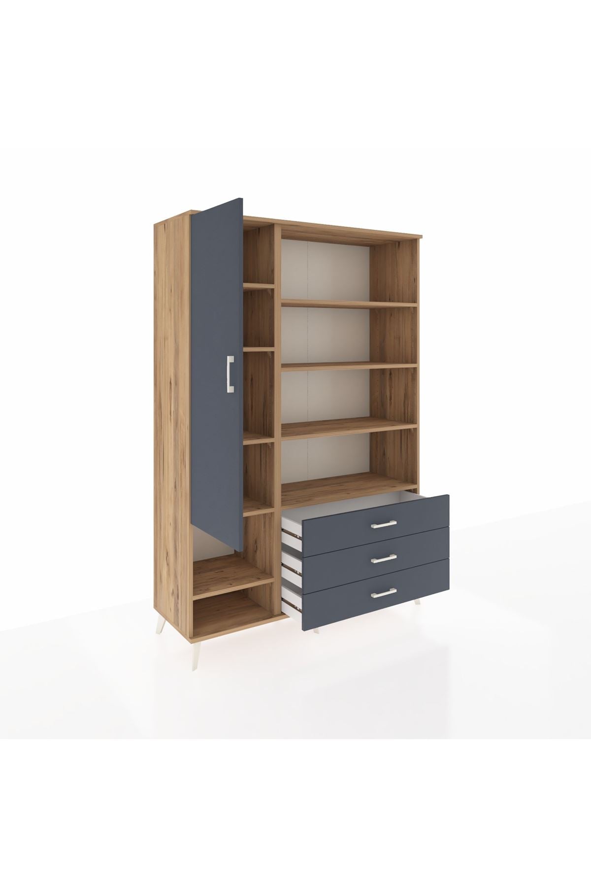 Hyperion Dolap 9 Raflı 3 Çekmeceli Tek Kapaklı  132x44x195 Çam-Antrasit/Antrasit