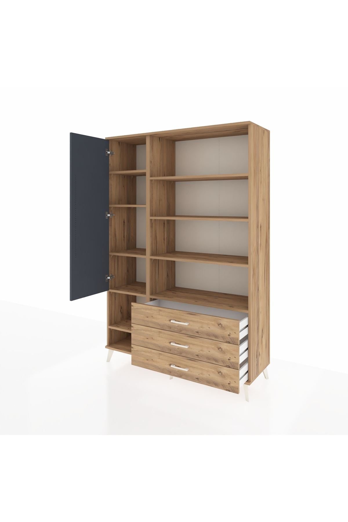 Hyperion Dolap 9 Raflı 3 Çekmeceli Tek Kapaklı  132x44x195 Çam-Antrasit/Çam