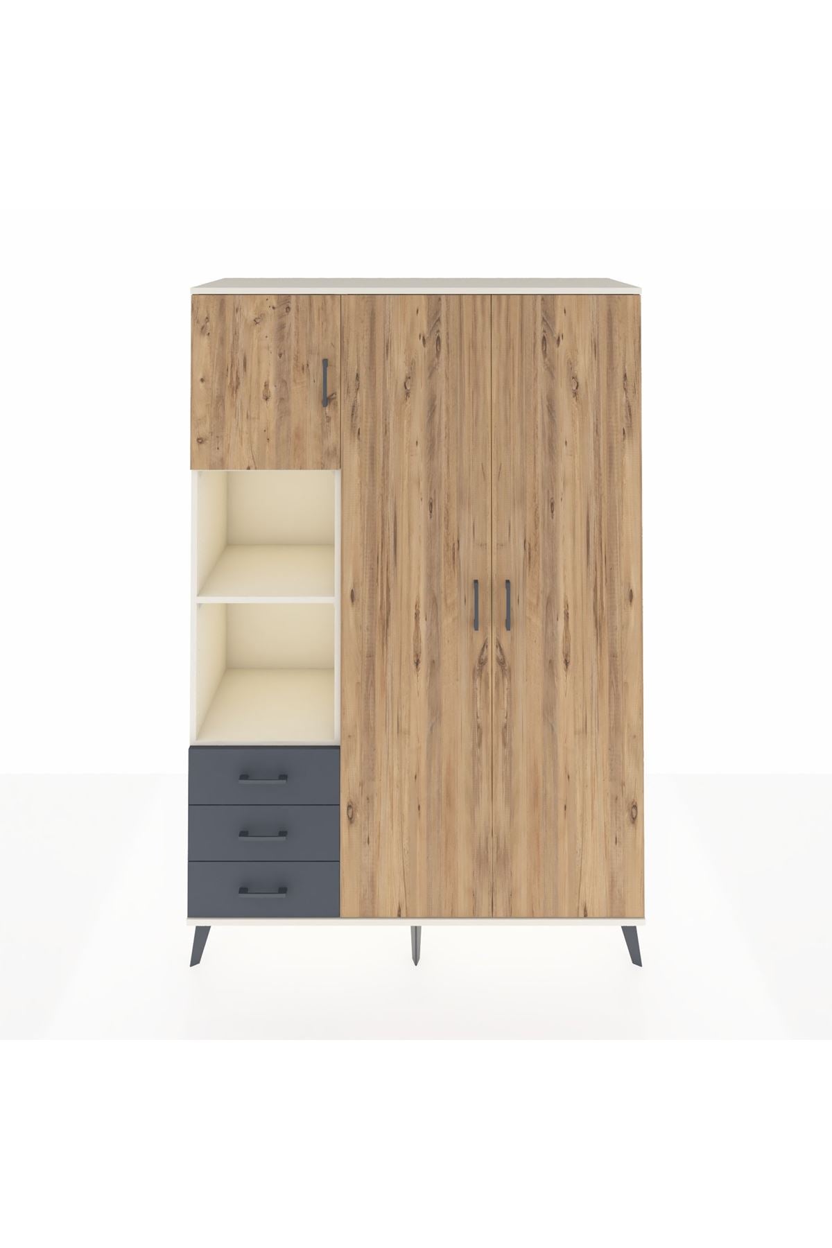 Hyperion Dolap 6 Raflı 3 Çekmeceli Tek Askılı 132x44x195 Aytaşı-Çam/Antrasit