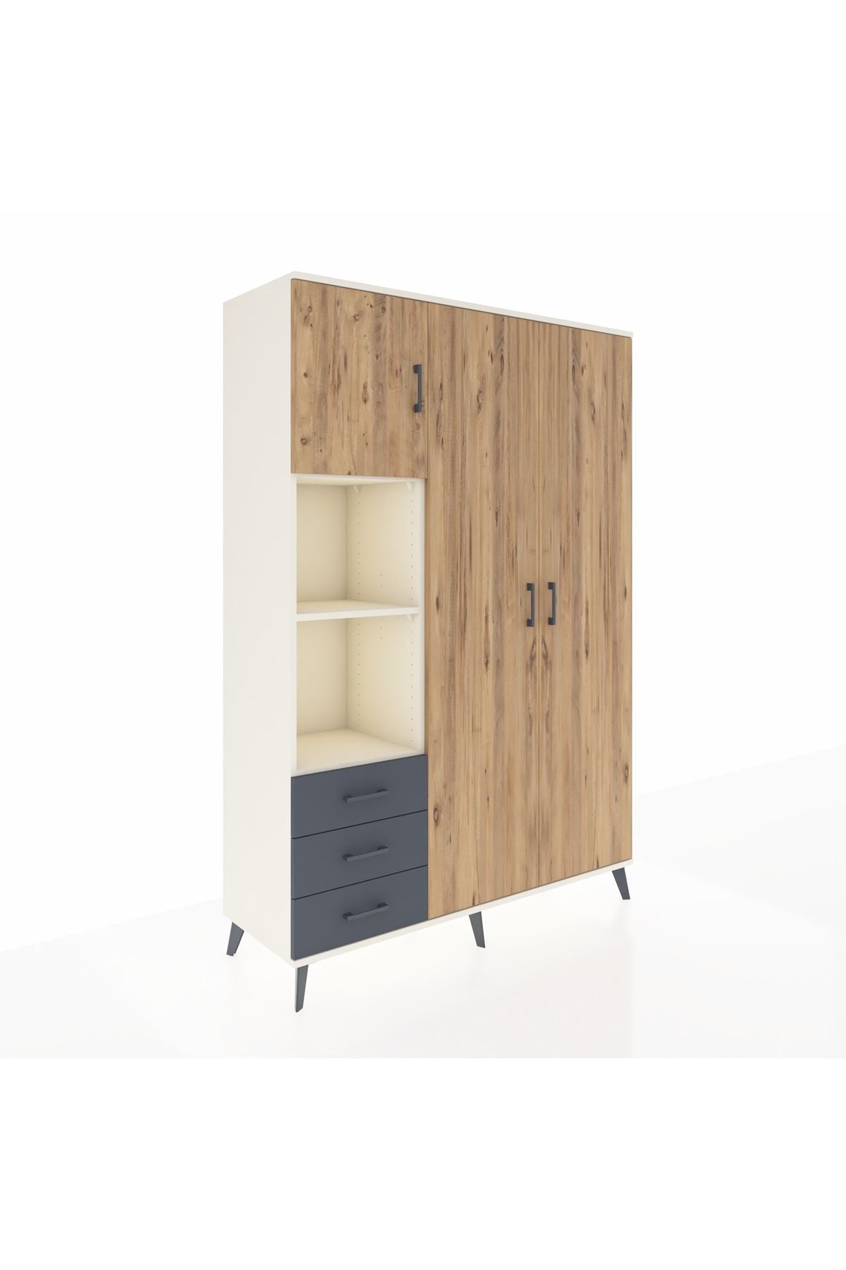 Hyperion Dolap 6 Raflı 3 Çekmeceli Tek Askılı 132x44x195 Aytaşı-Çam/Antrasit