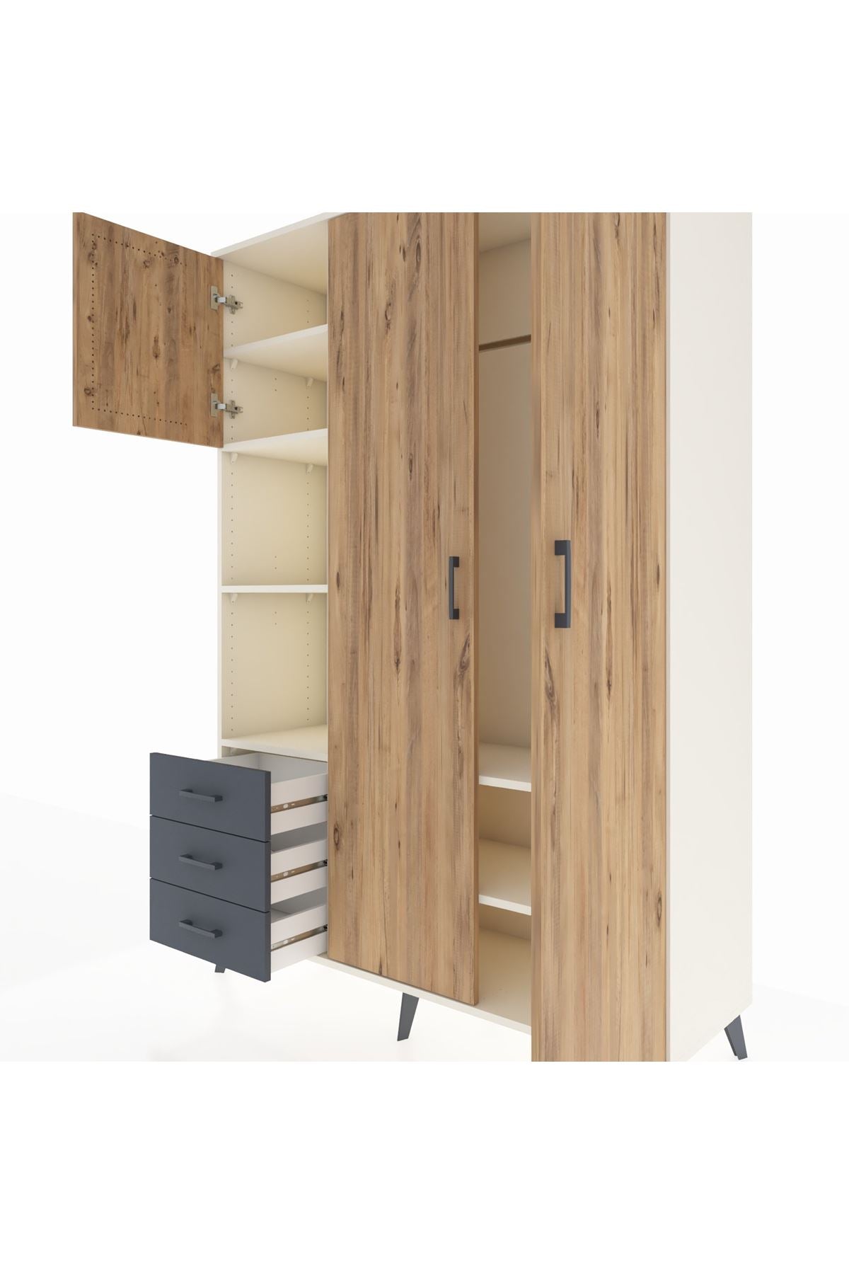 Hyperion Dolap 6 Raflı 3 Çekmeceli Tek Askılı 132x44x195 Aytaşı-Çam/Antrasit