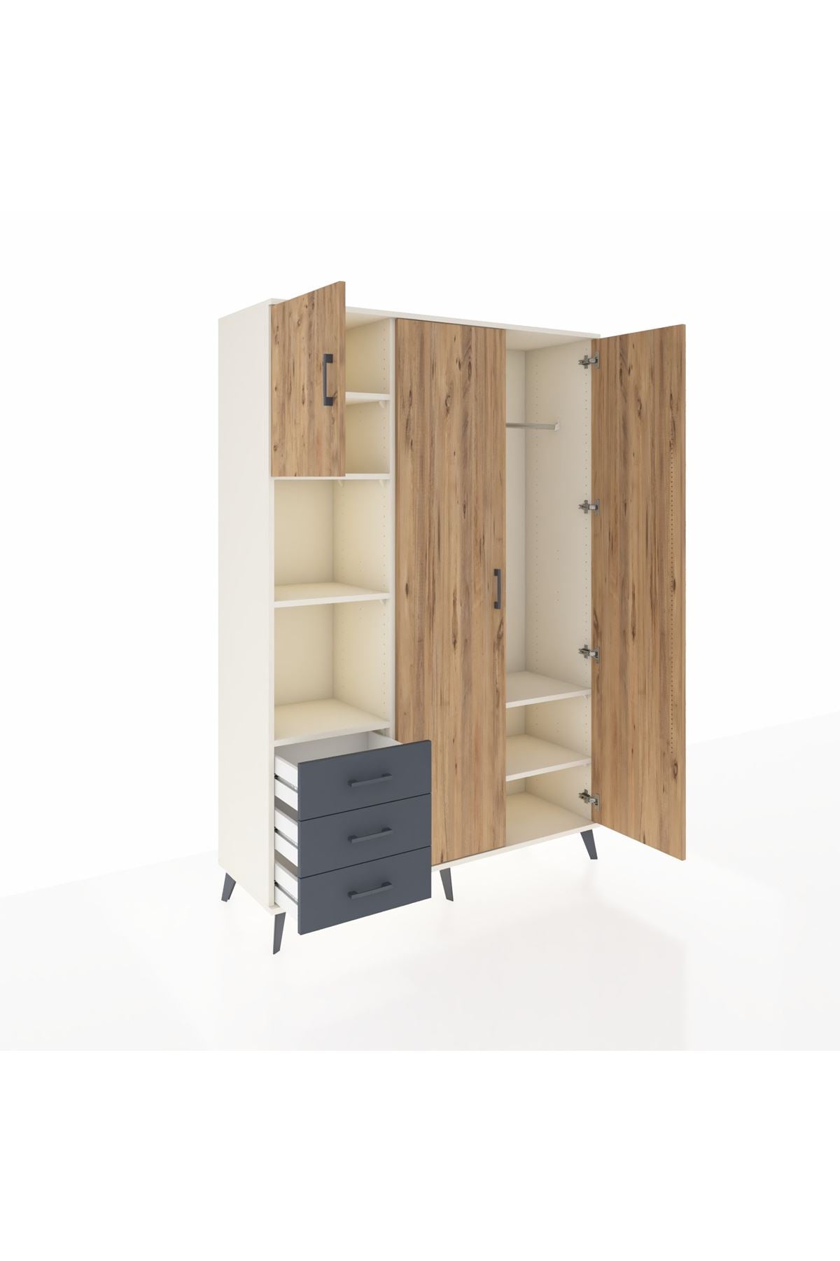 Hyperion Dolap 6 Raflı 3 Çekmeceli Tek Askılı 132x44x195 Aytaşı-Çam/Antrasit