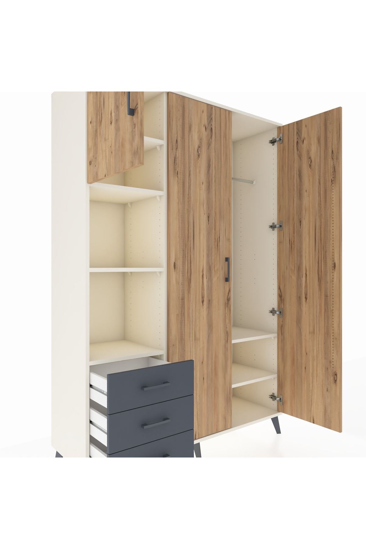 Hyperion Dolap 6 Raflı 3 Çekmeceli Tek Askılı 132x44x195 Aytaşı-Çam/Antrasit