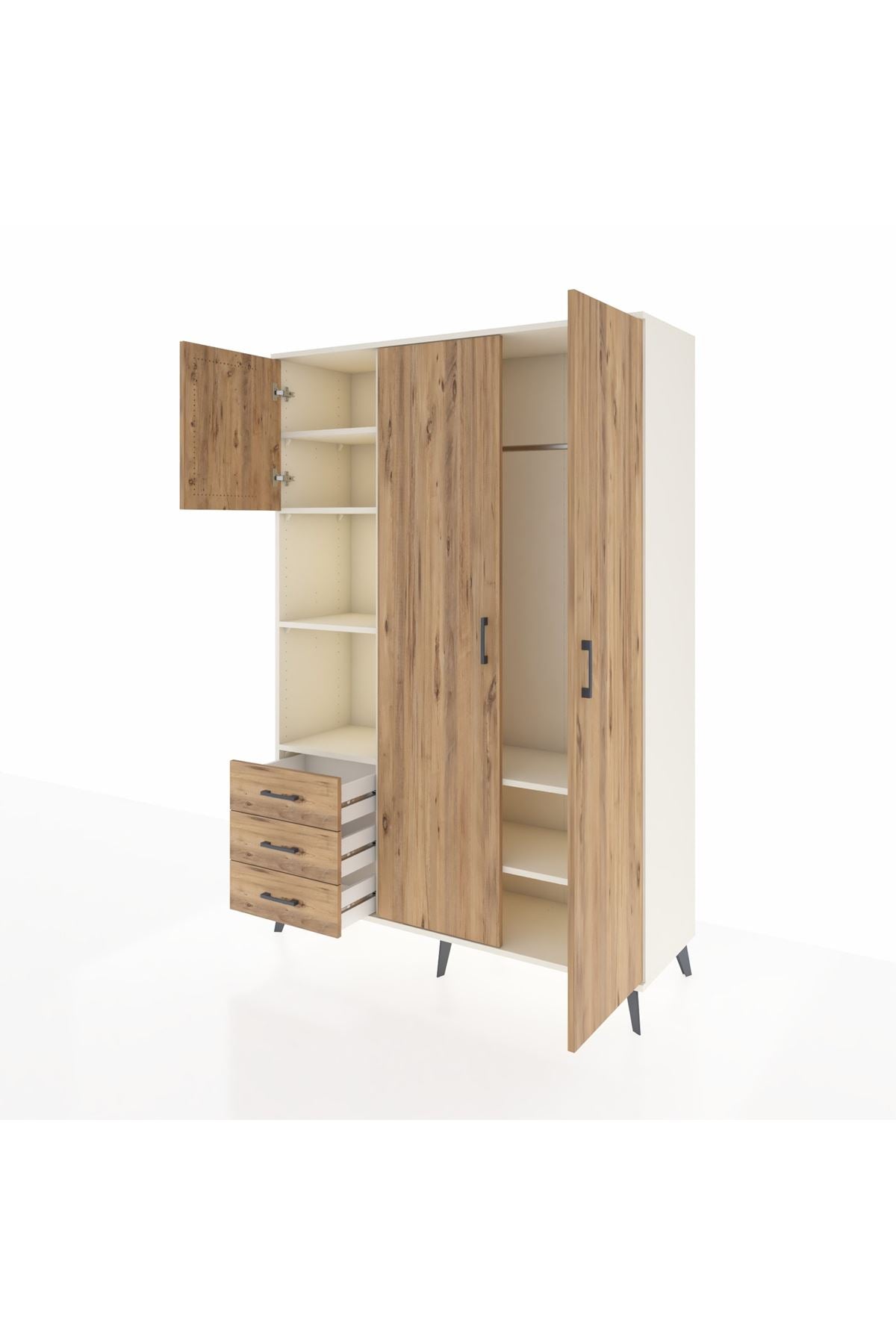 Hyperion Dolap 6 Raflı 3 Çekmeceli Tek Askılı 132x44x195 Aytaşı-Çam/Çam