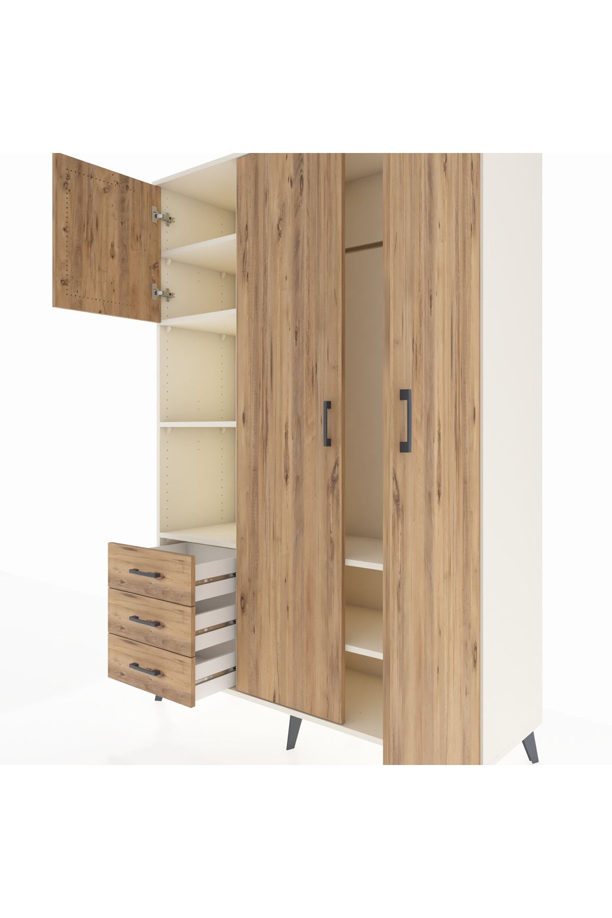 Hyperion Dolap 6 Raflı 3 Çekmeceli Tek Askılı 132x44x195 Aytaşı-Çam/Çam