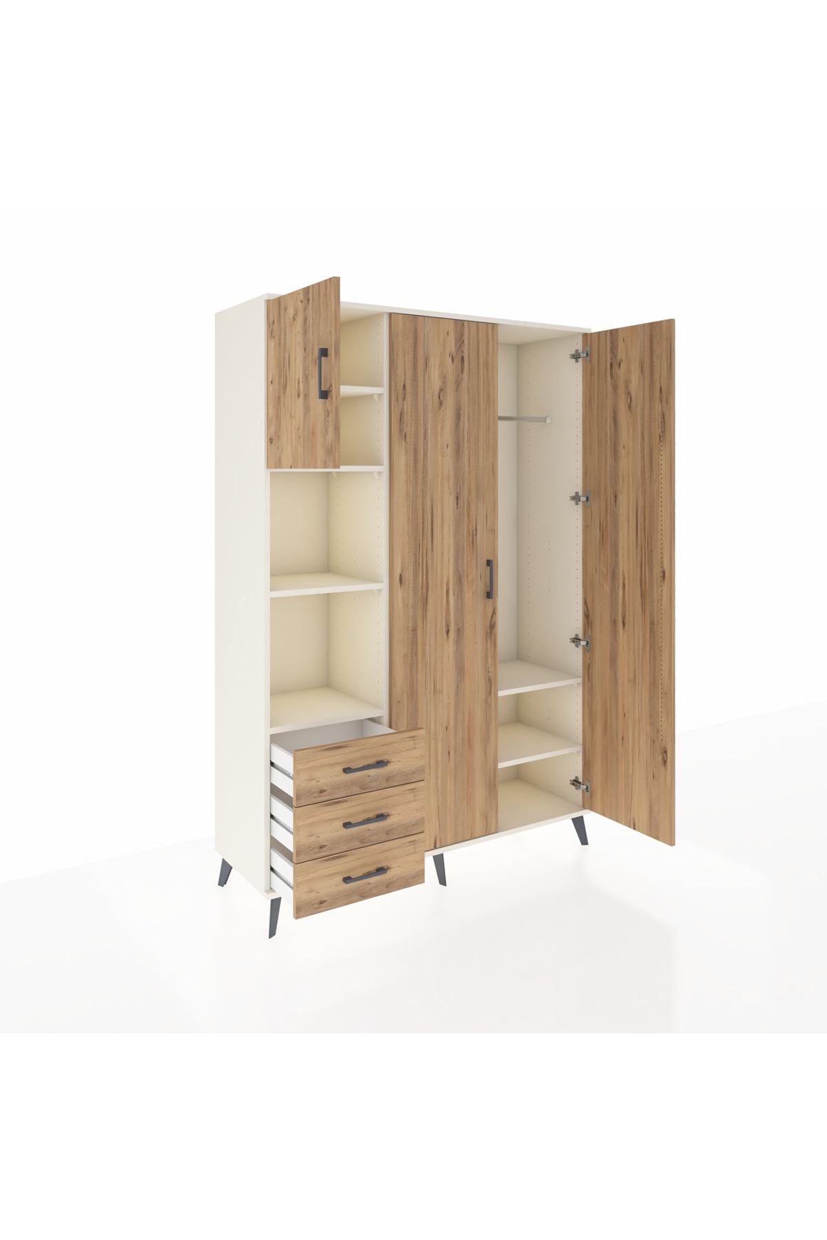 Hyperion Dolap 6 Raflı 3 Çekmeceli Tek Askılı 132x44x195 Aytaşı-Çam/Çam