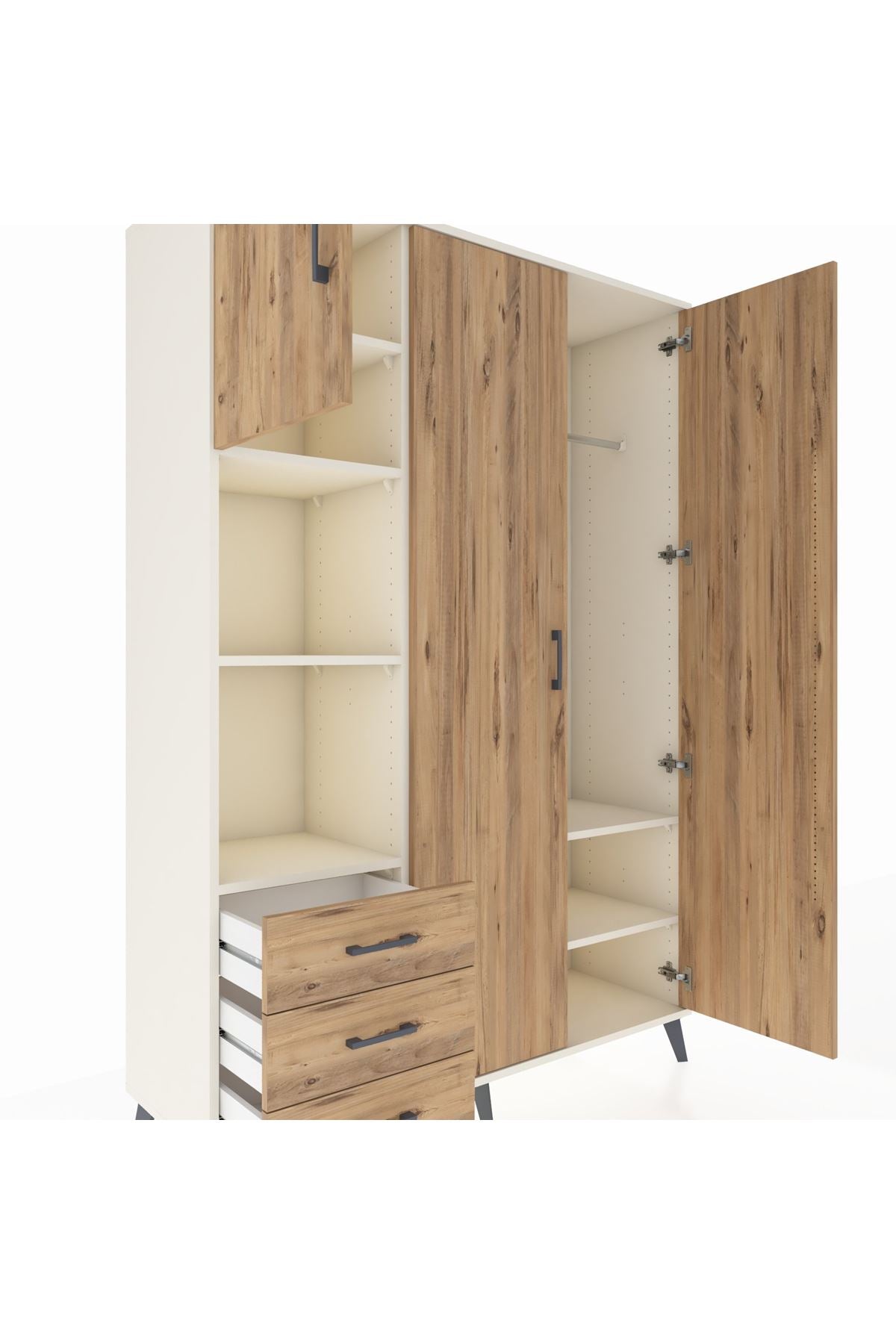 Hyperion Dolap 6 Raflı 3 Çekmeceli Tek Askılı 132x44x195 Aytaşı-Çam/Çam