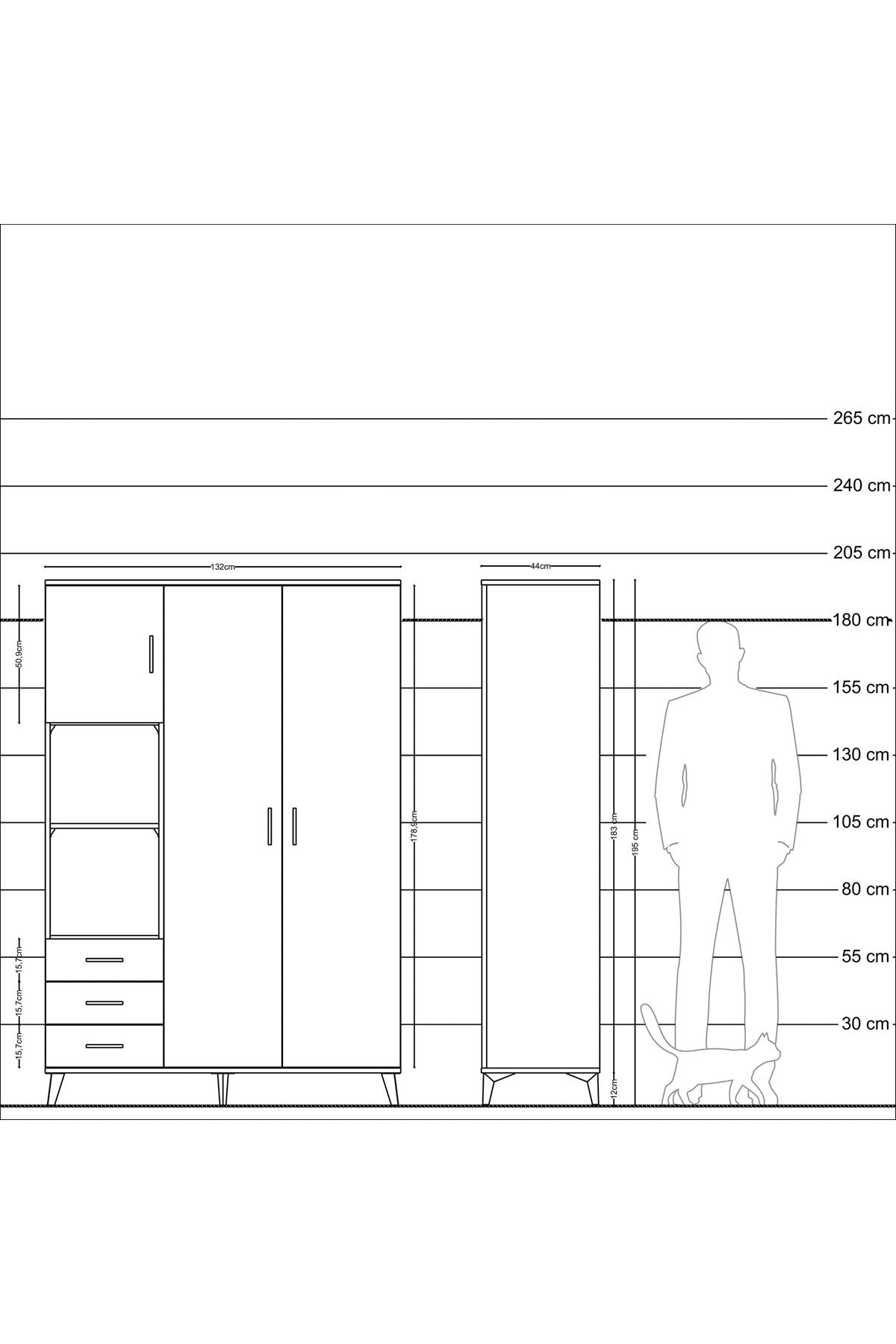 Hyperion Dolap 6 Raflı 3 Çekmeceli Tek Askılı 132x44x195 Aytaşı-Aytaşı/Çam