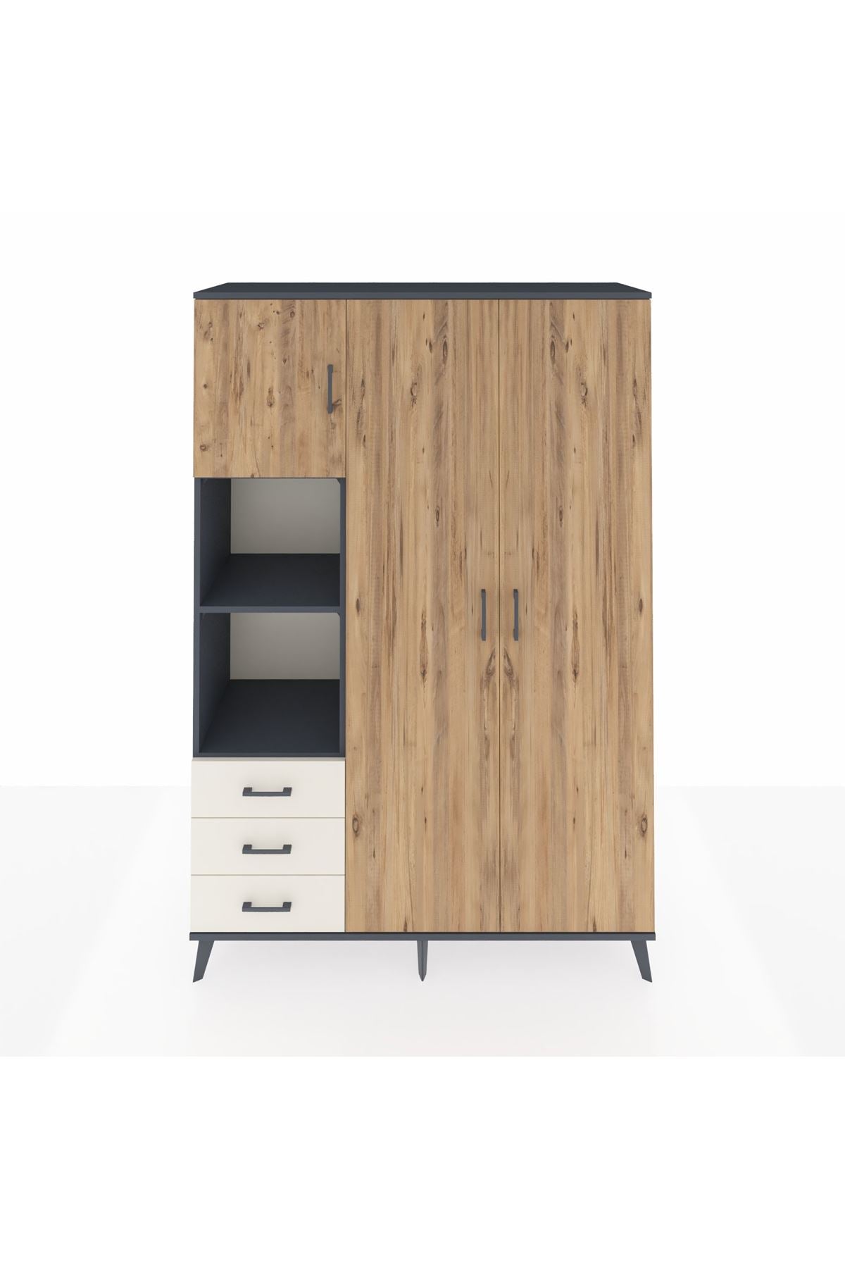 Hyperion Dolap 6 Raflı 3 Çekmeceli Tek Askılı 132x44x195 Antrasit-Çam/Aytaşı