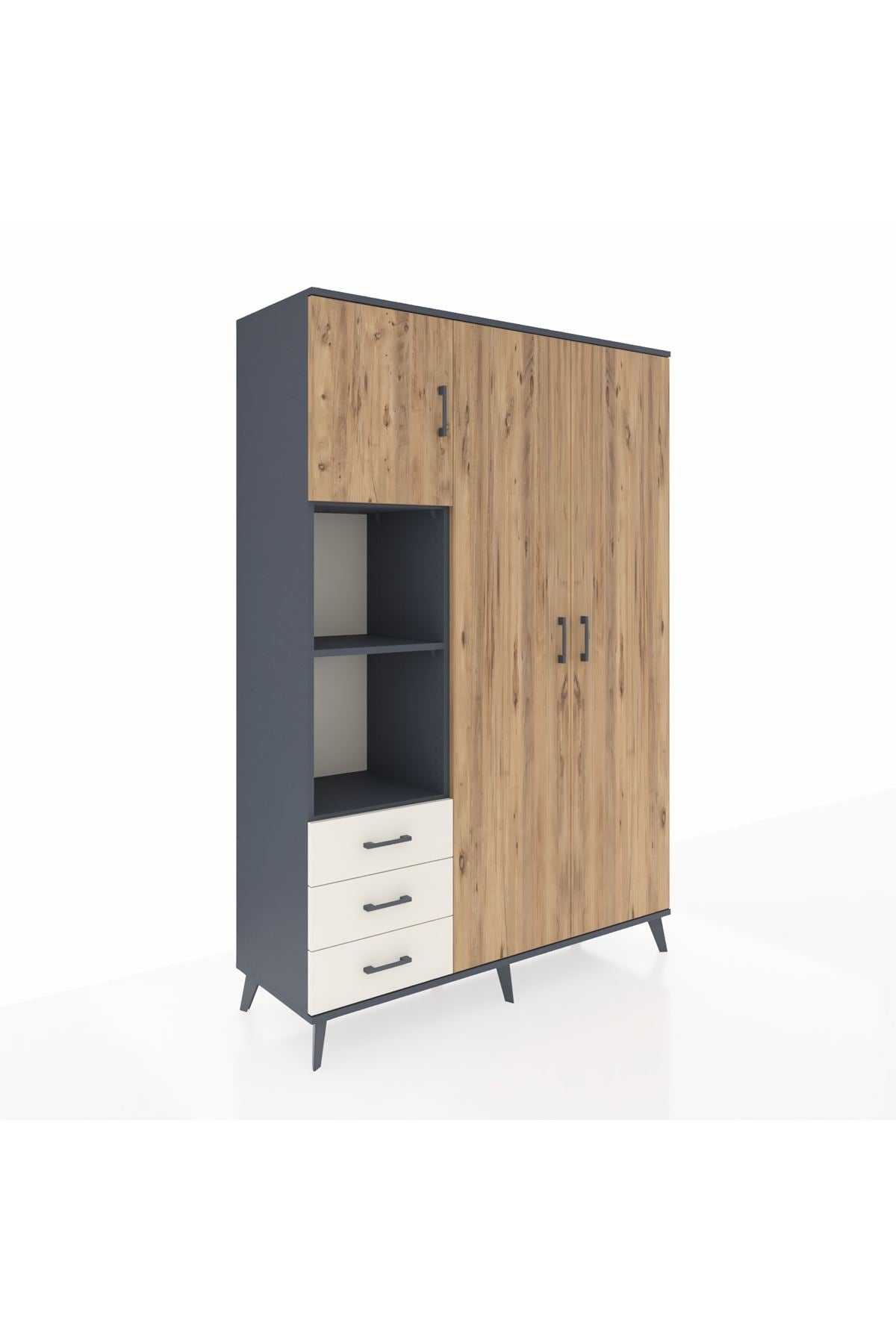 Hyperion Dolap 6 Raflı 3 Çekmeceli Tek Askılı 132x44x195 Antrasit-Çam/Aytaşı