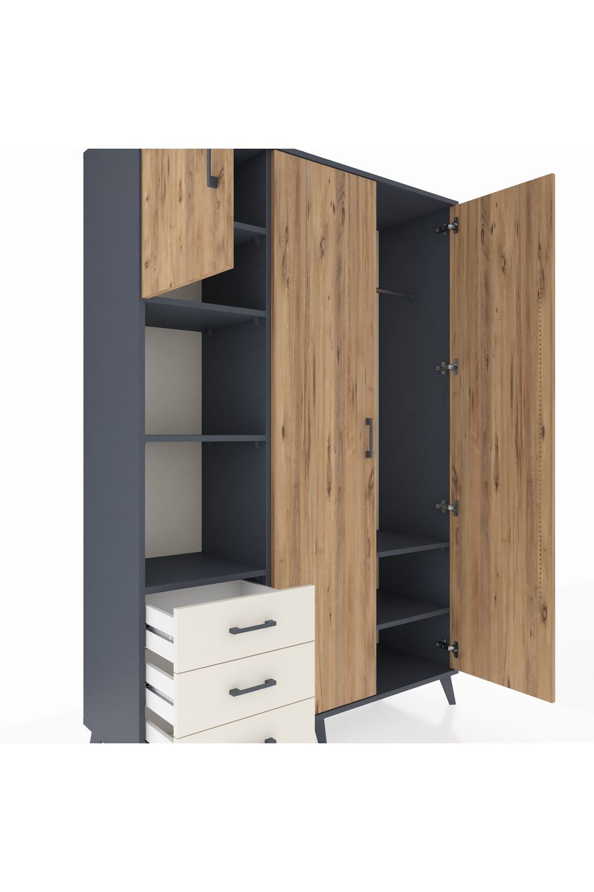 Hyperion Dolap 6 Raflı 3 Çekmeceli Tek Askılı 132x44x195 Antrasit-Çam/Aytaşı