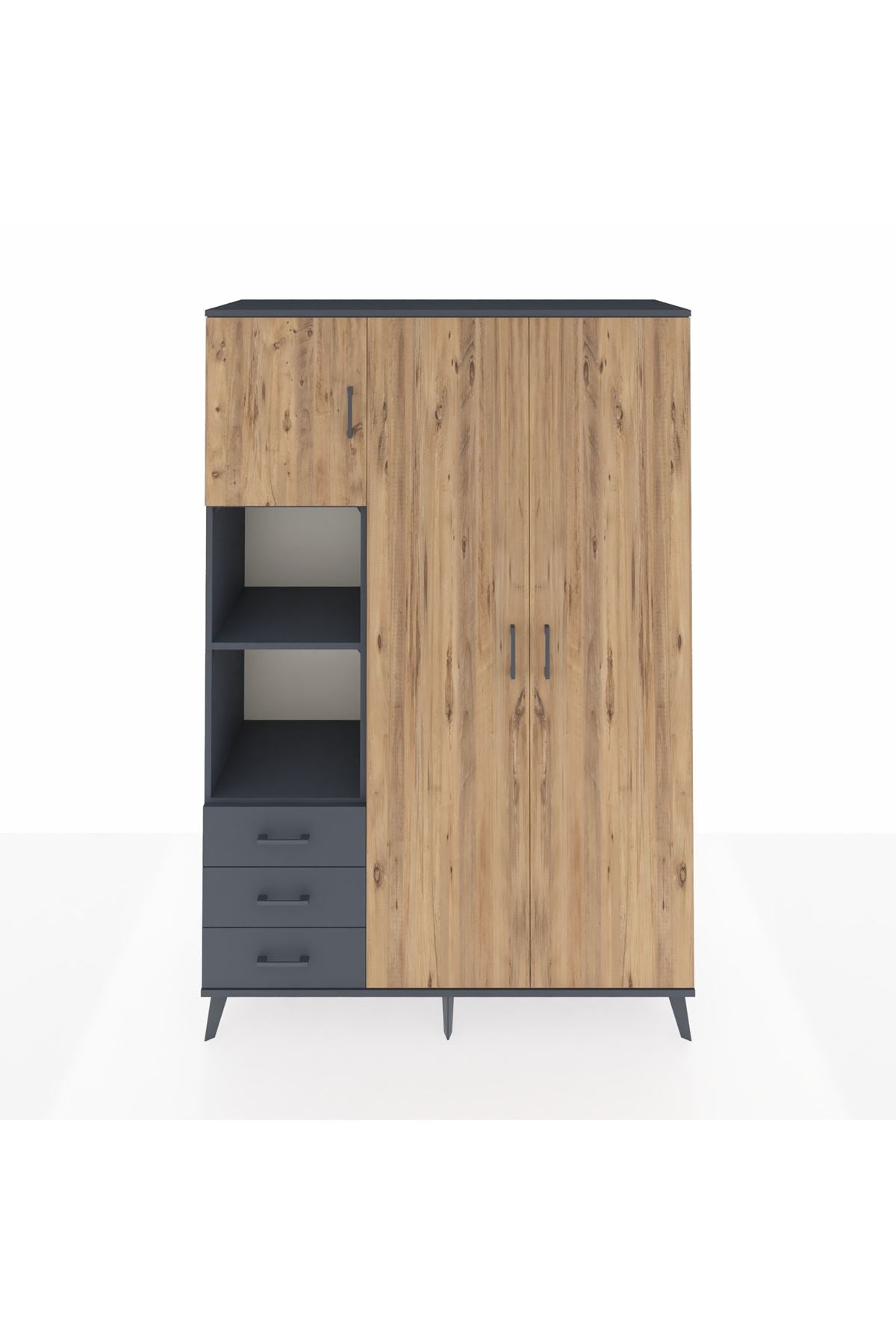 Hyperion Dolap 6 Raflı 3 Çekmeceli Tek Askılı 132x44x195 Antrasit-Çam/Antrasit