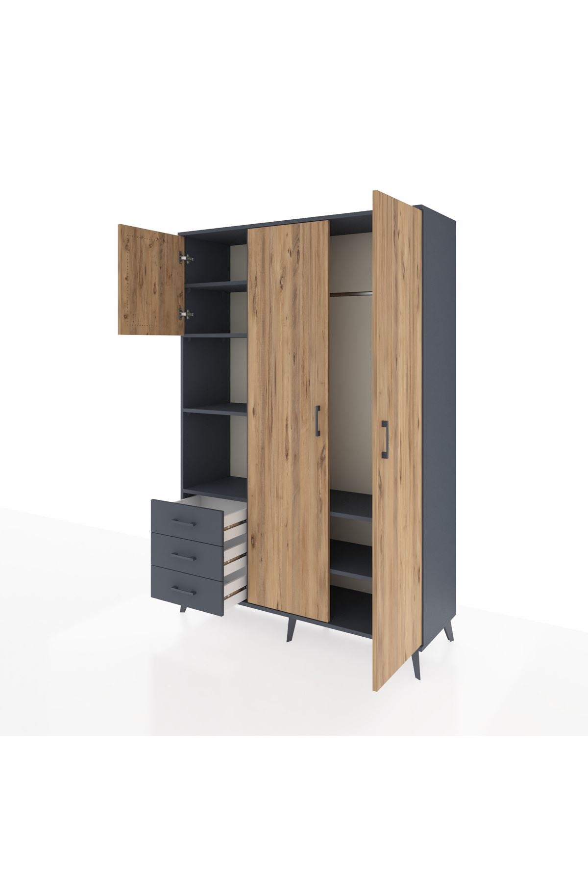 Hyperion Dolap 6 Raflı 3 Çekmeceli Tek Askılı 132x44x195 Antrasit-Çam/Antrasit