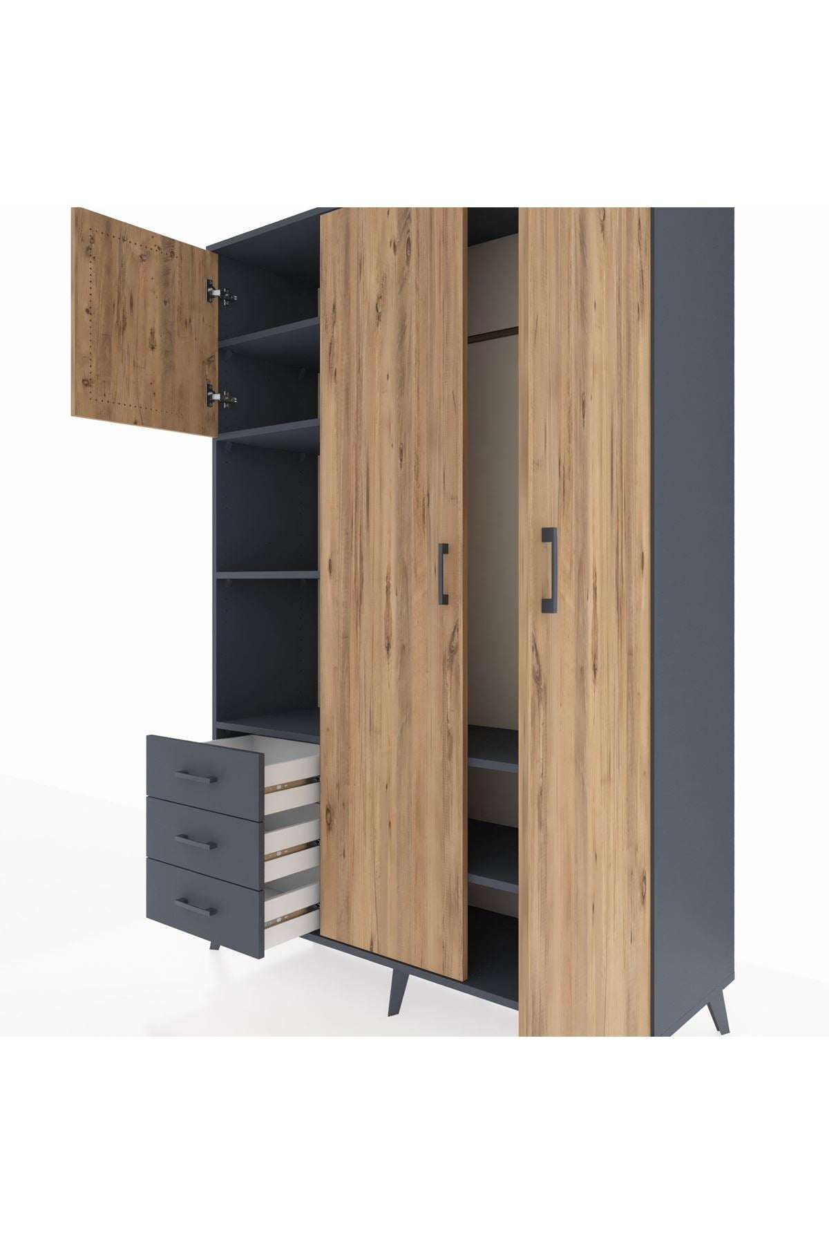 Hyperion Dolap 6 Raflı 3 Çekmeceli Tek Askılı 132x44x195 Antrasit-Çam/Antrasit