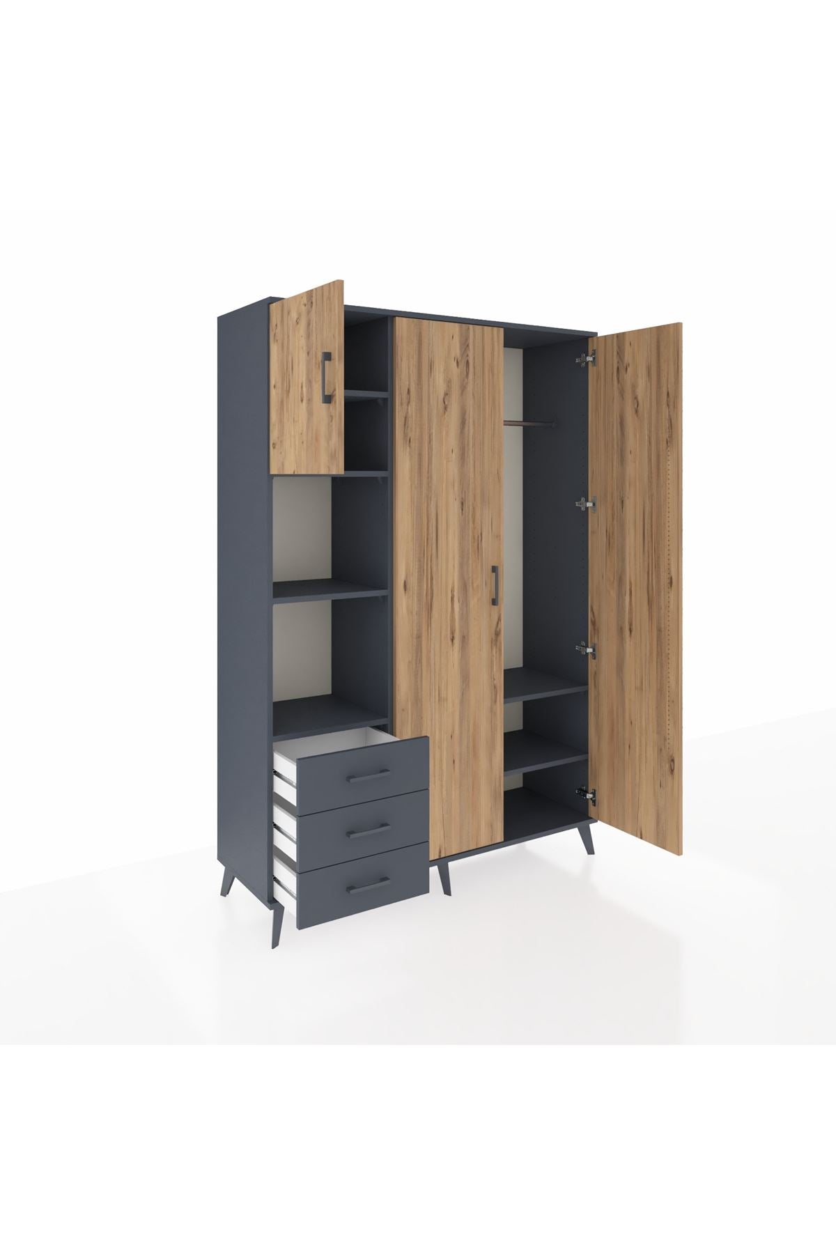 Hyperion Dolap 6 Raflı 3 Çekmeceli Tek Askılı 132x44x195 Antrasit-Çam/Antrasit