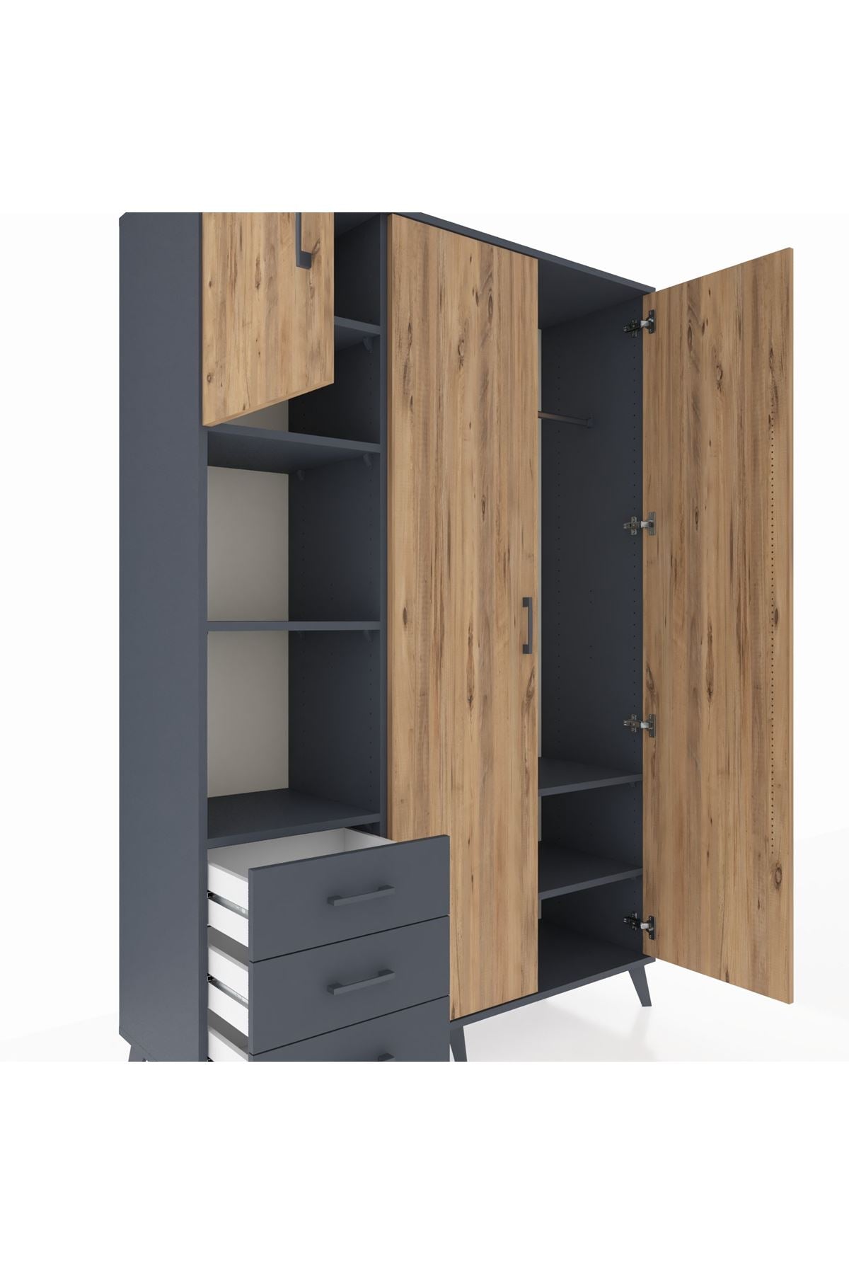 Hyperion Dolap 6 Raflı 3 Çekmeceli Tek Askılı 132x44x195 Antrasit-Çam/Antrasit