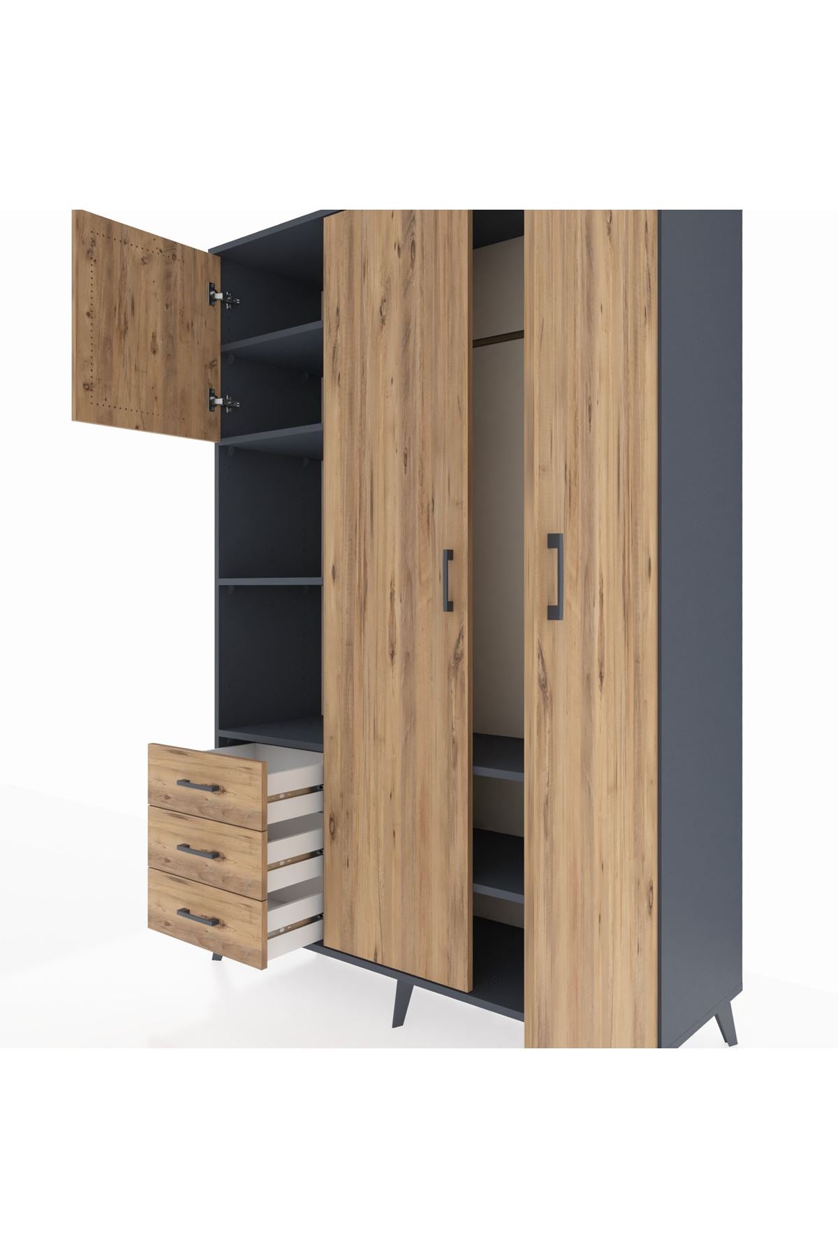 Hyperion Dolap 6 Raflı 3 Çekmeceli Tek Askılı 132x44x195 Antrasit-Çam/Çam