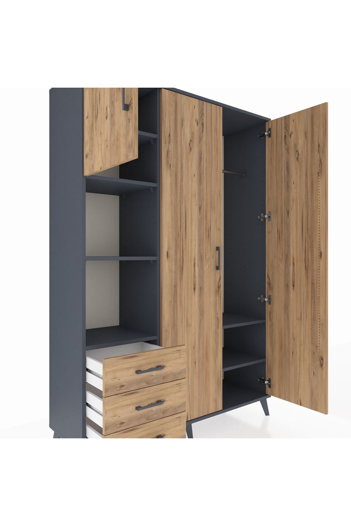 Hyperion Dolap 6 Raflı 3 Çekmeceli Tek Askılı 132x44x195 Antrasit-Çam/Çam