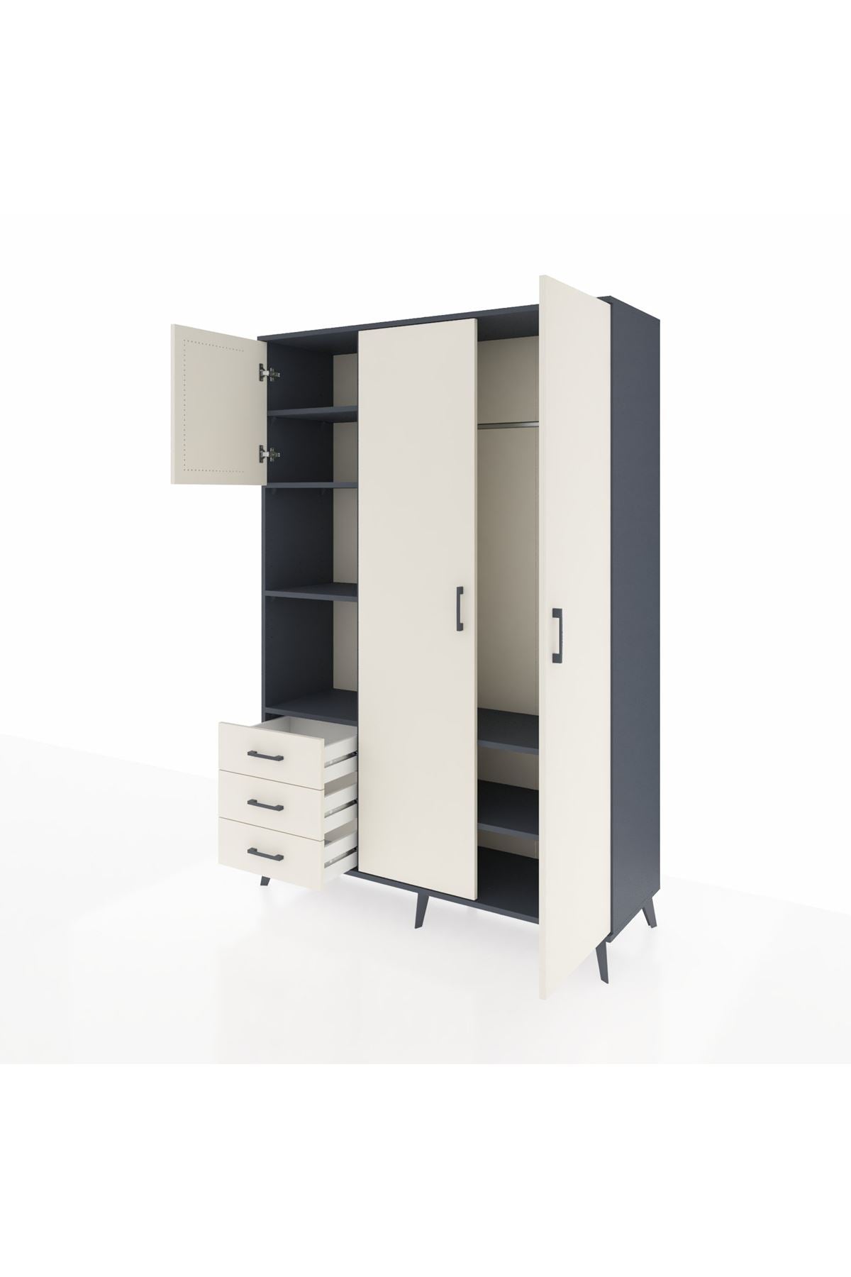 Hyperion Dolap 6 Raflı 3 Çekmeceli Tek Askılı 132x44x195 Antrasit-Aytaşı/Aytaşı