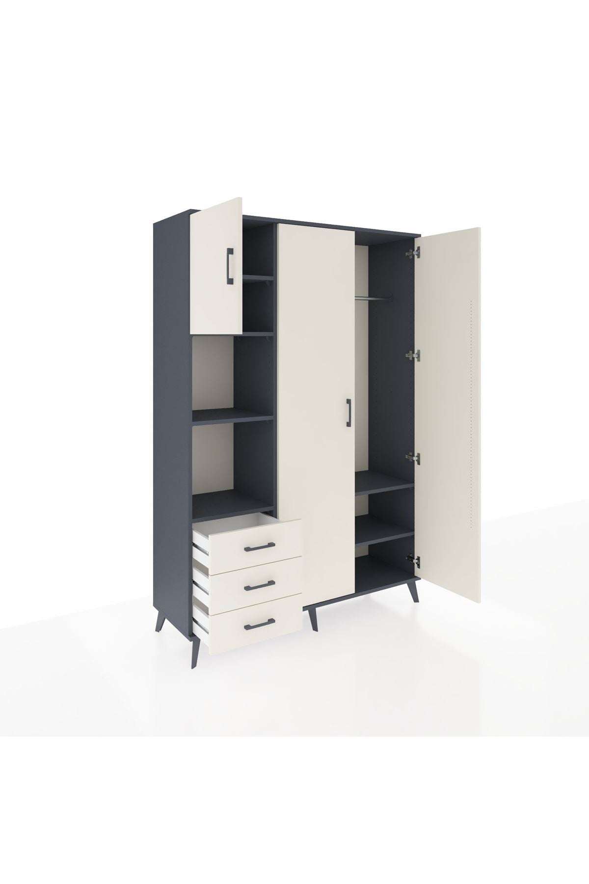 Hyperion Dolap 6 Raflı 3 Çekmeceli Tek Askılı 132x44x195 Antrasit-Aytaşı/Aytaşı