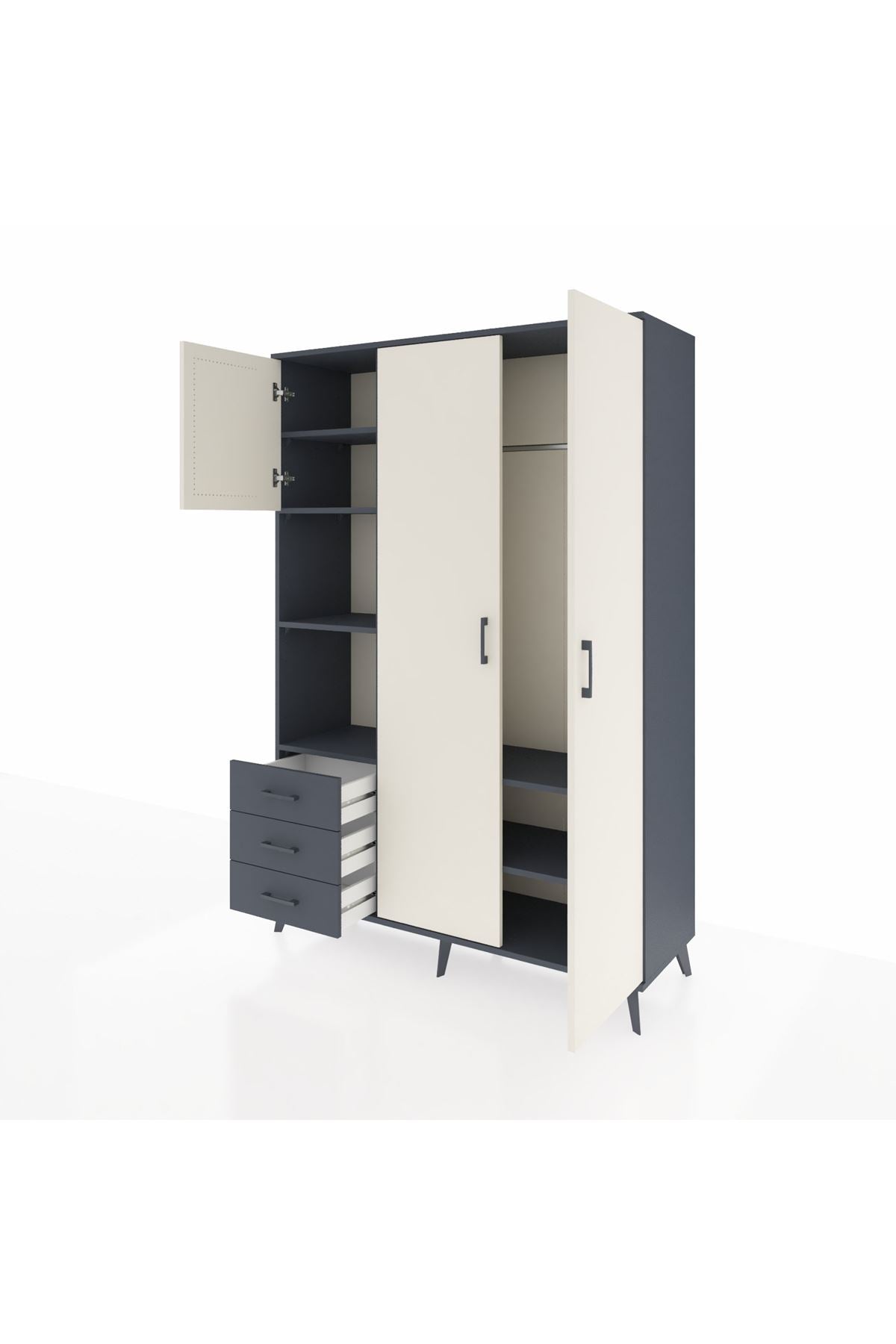 Hyperion Dolap 6 Raflı 3 Çekmeceli Tek Askılı 132x44x195 Antrasit-Aytaşı/Antrasit