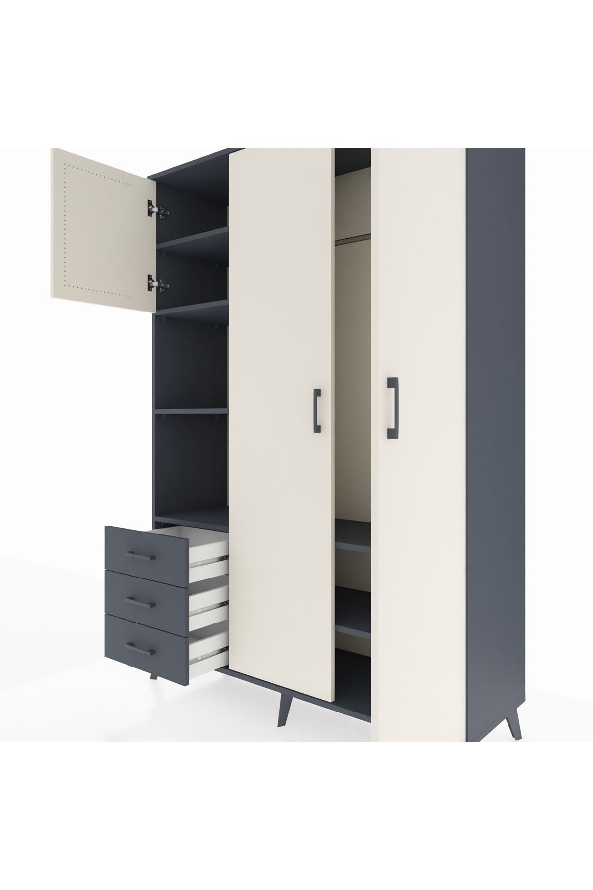 Hyperion Dolap 6 Raflı 3 Çekmeceli Tek Askılı 132x44x195 Antrasit-Aytaşı/Antrasit