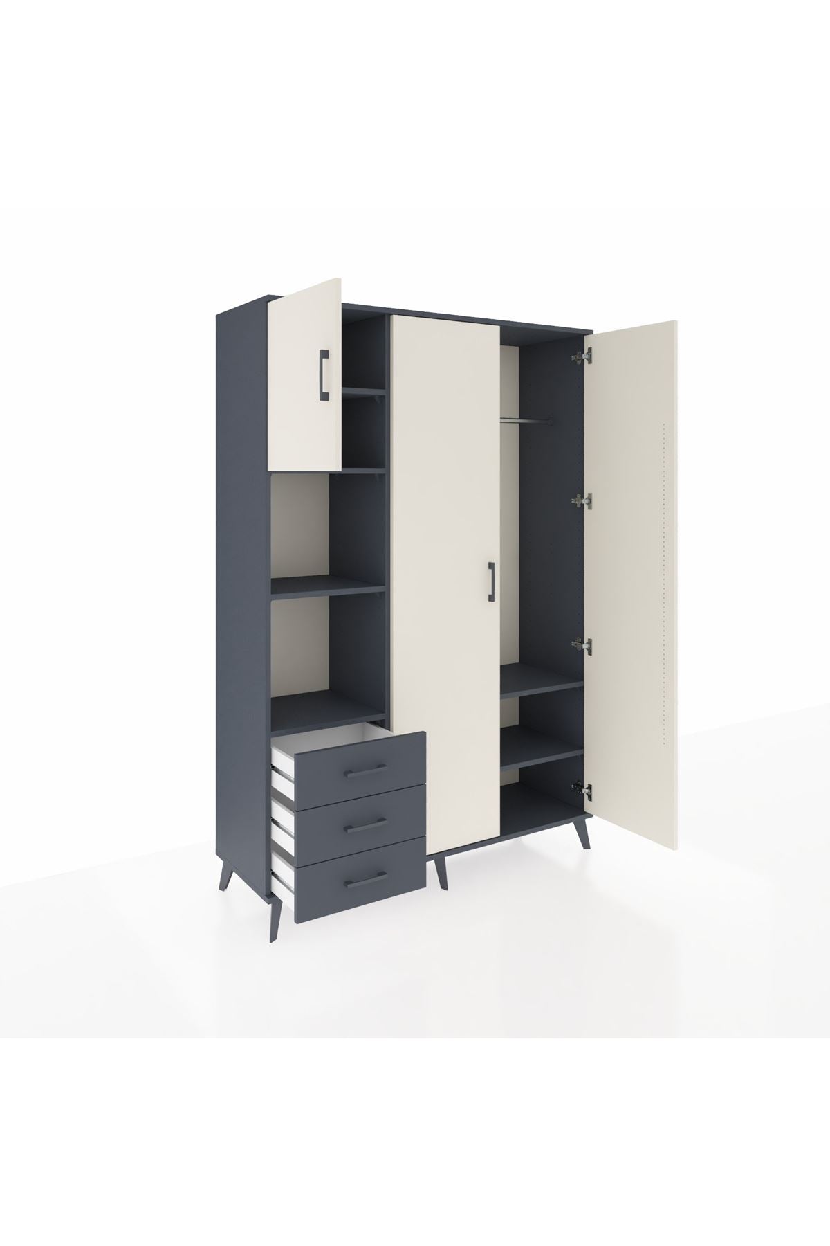 Hyperion Dolap 6 Raflı 3 Çekmeceli Tek Askılı 132x44x195 Antrasit-Aytaşı/Antrasit