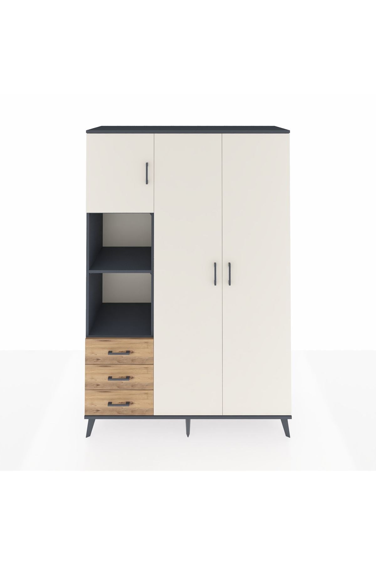 Hyperion Dolap 6 Raflı 3 Çekmeceli Tek Askılı 132x44x195 Antrasit-Aytaşı/Çam