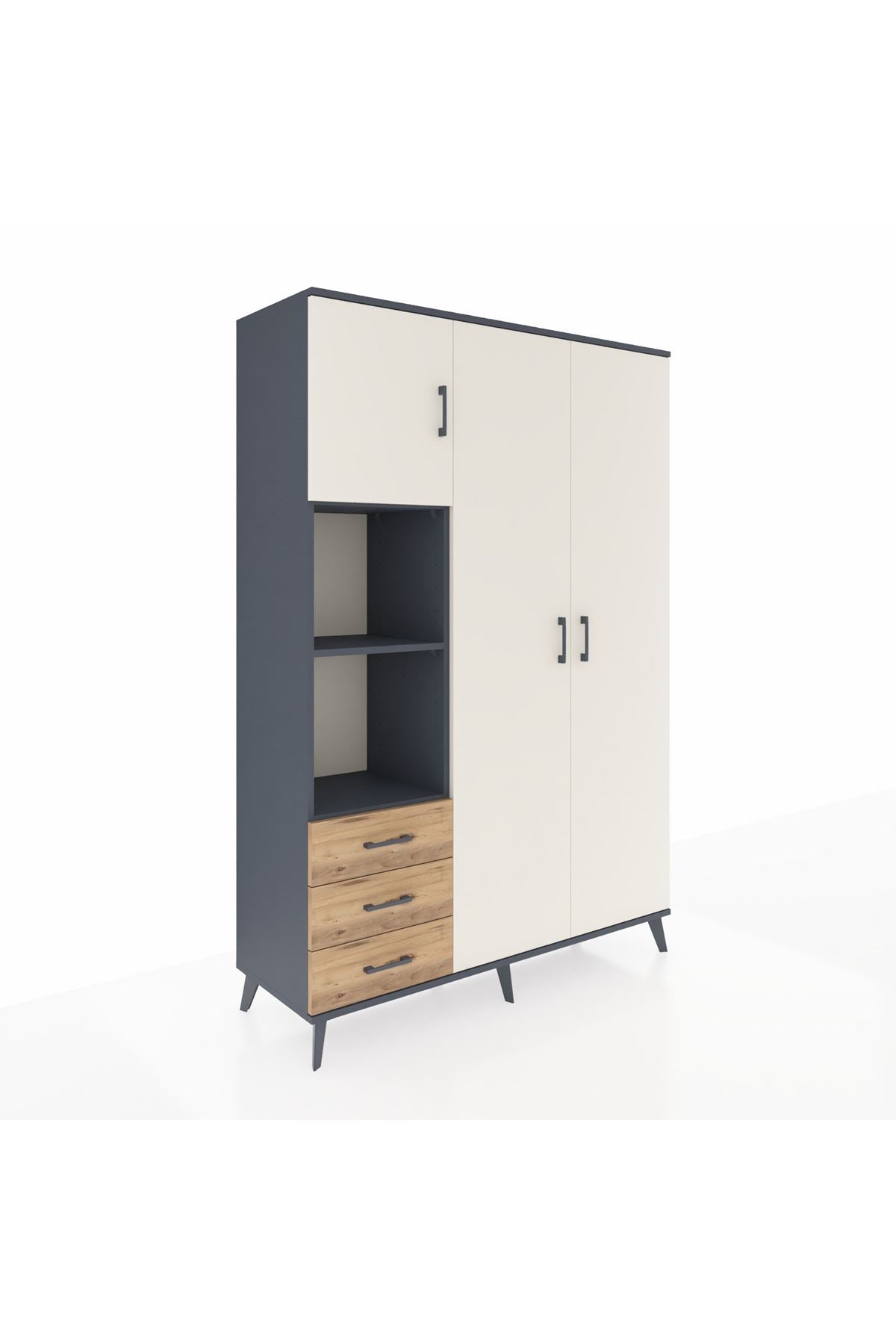 Hyperion Dolap 6 Raflı 3 Çekmeceli Tek Askılı 132x44x195 Antrasit-Aytaşı/Çam