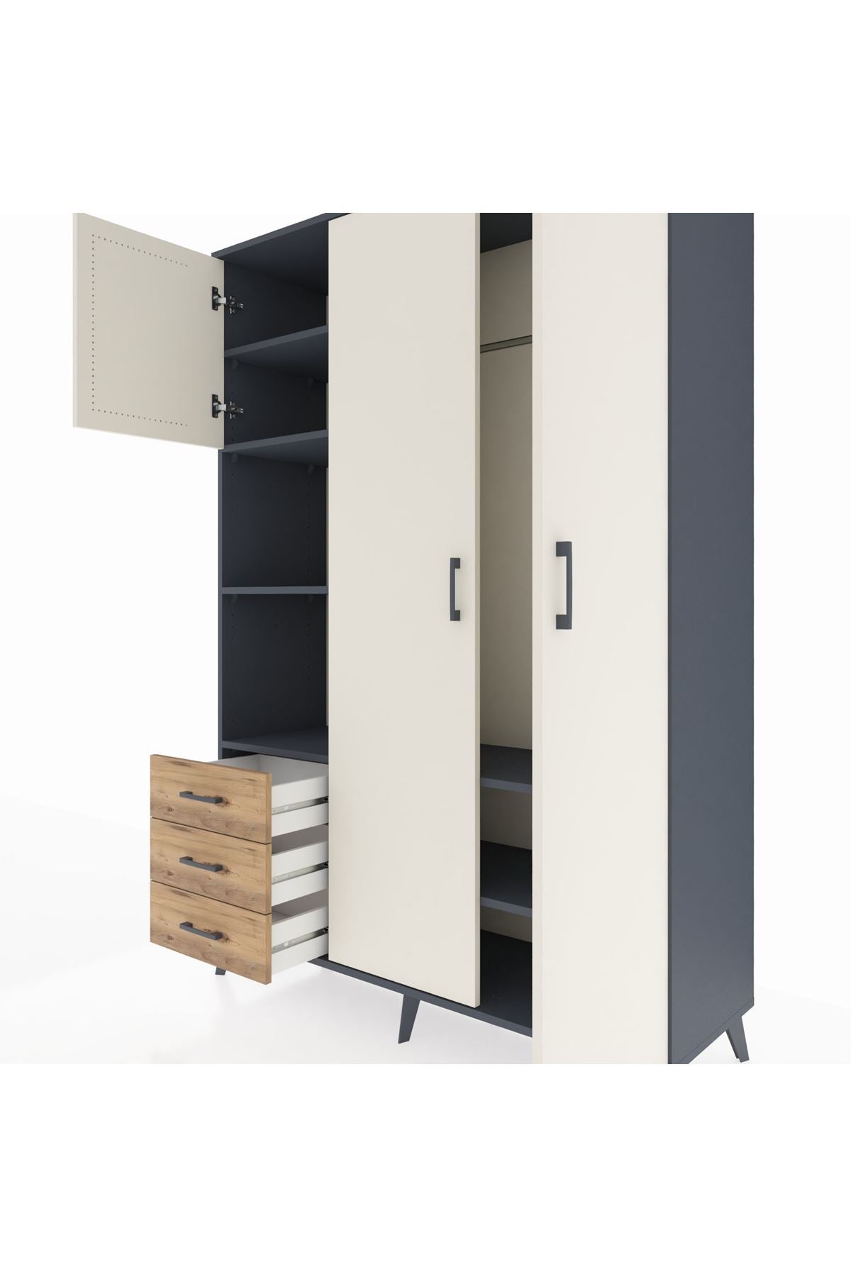 Hyperion Dolap 6 Raflı 3 Çekmeceli Tek Askılı 132x44x195 Antrasit-Aytaşı/Çam