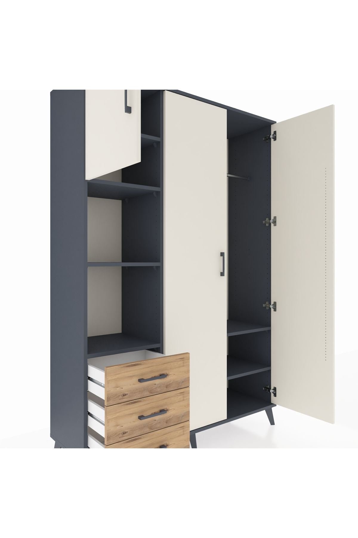 Hyperion Dolap 6 Raflı 3 Çekmeceli Tek Askılı 132x44x195 Antrasit-Aytaşı/Çam