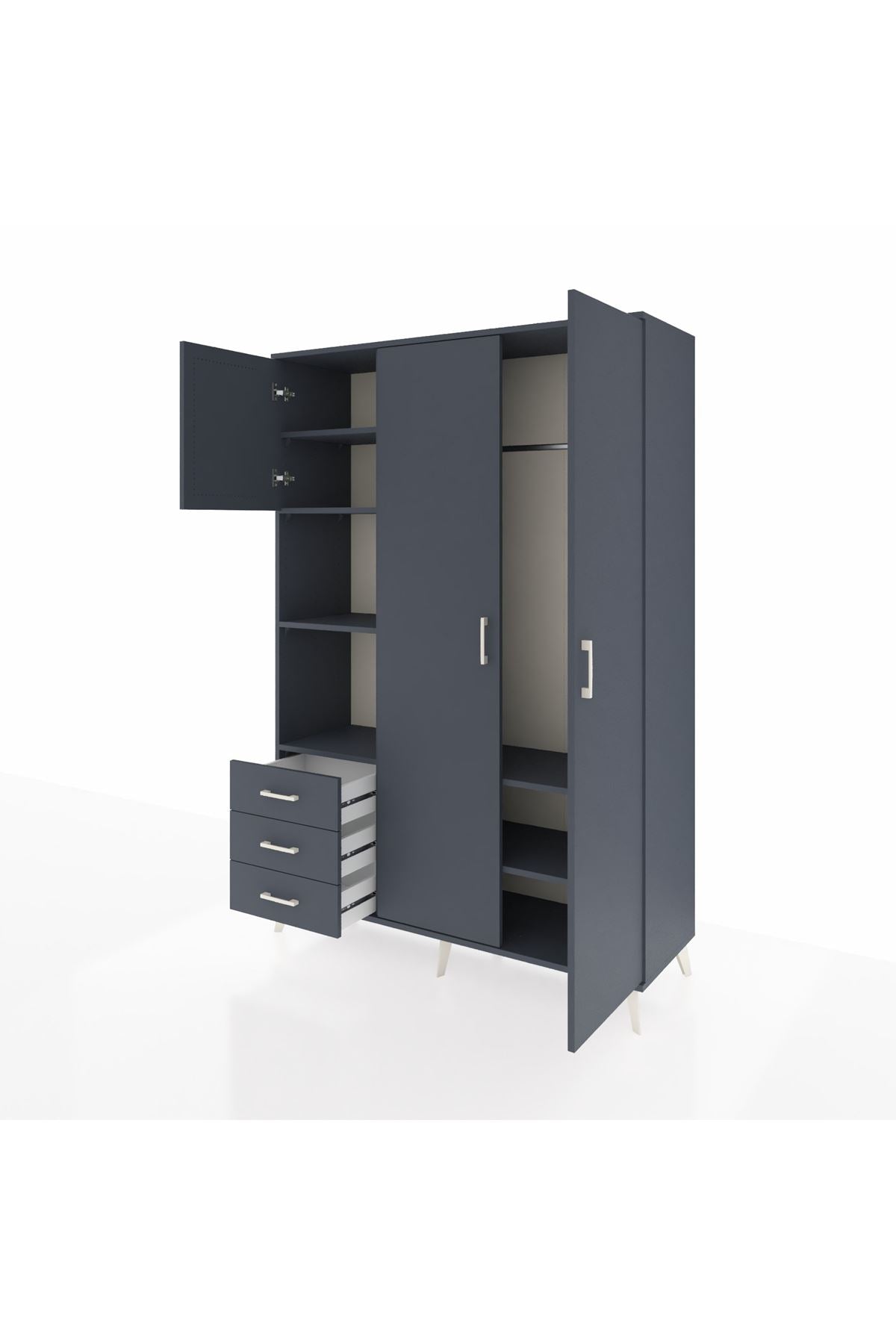 Hyperion Dolap 6 Raflı 3 Çekmeceli Tek Askılı 132x44x195 Antrasit-Antrasit/Antrasit