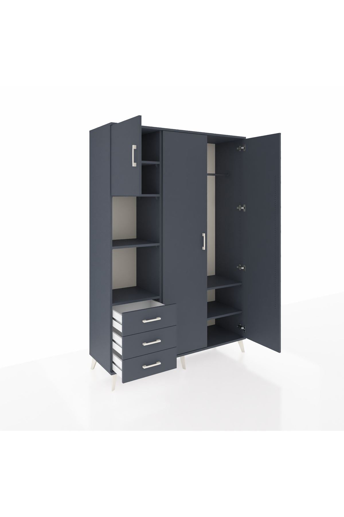 Hyperion Dolap 6 Raflı 3 Çekmeceli Tek Askılı 132x44x195 Antrasit-Antrasit/Antrasit