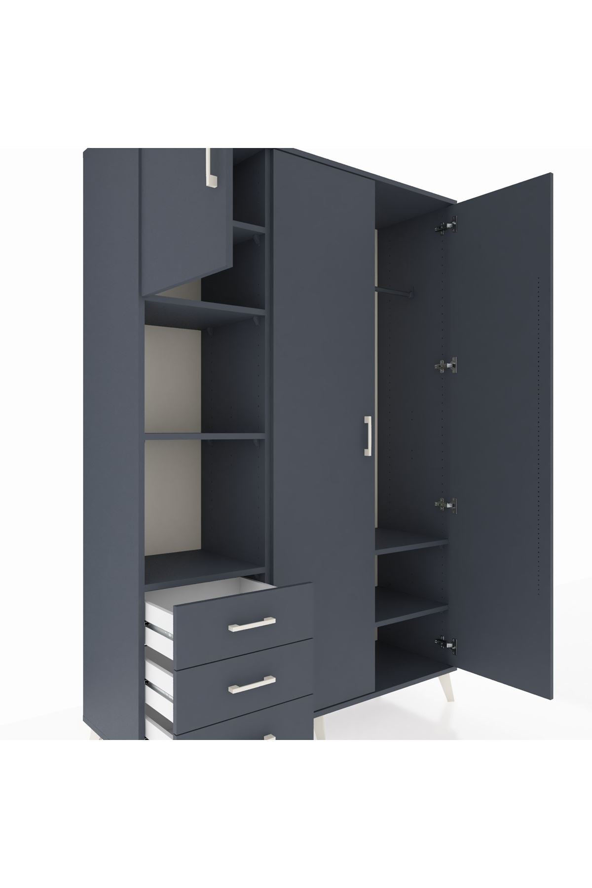 Hyperion Dolap 6 Raflı 3 Çekmeceli Tek Askılı 132x44x195 Antrasit-Antrasit/Antrasit