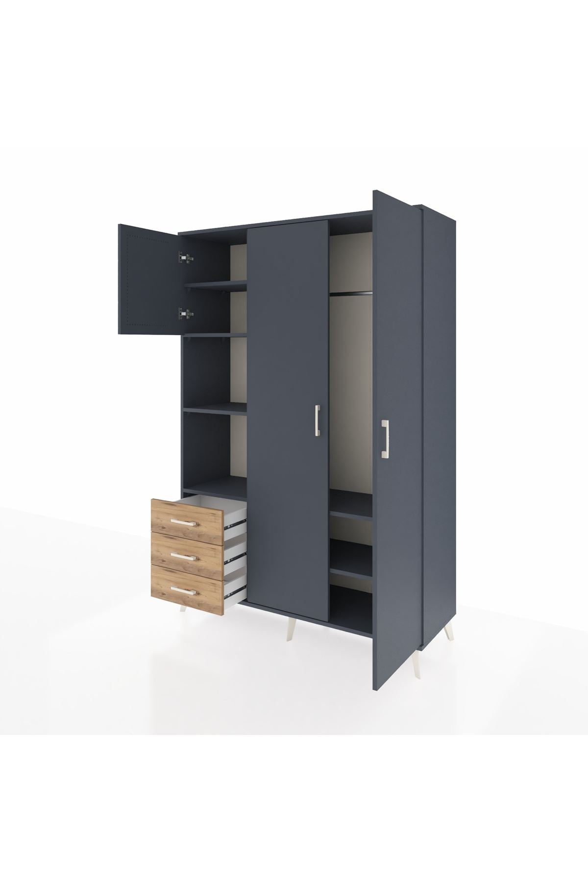 Hyperion Dolap 6 Raflı 3 Çekmeceli Tek Askılı 132x44x195 Antrasit-Antrasit/Çam