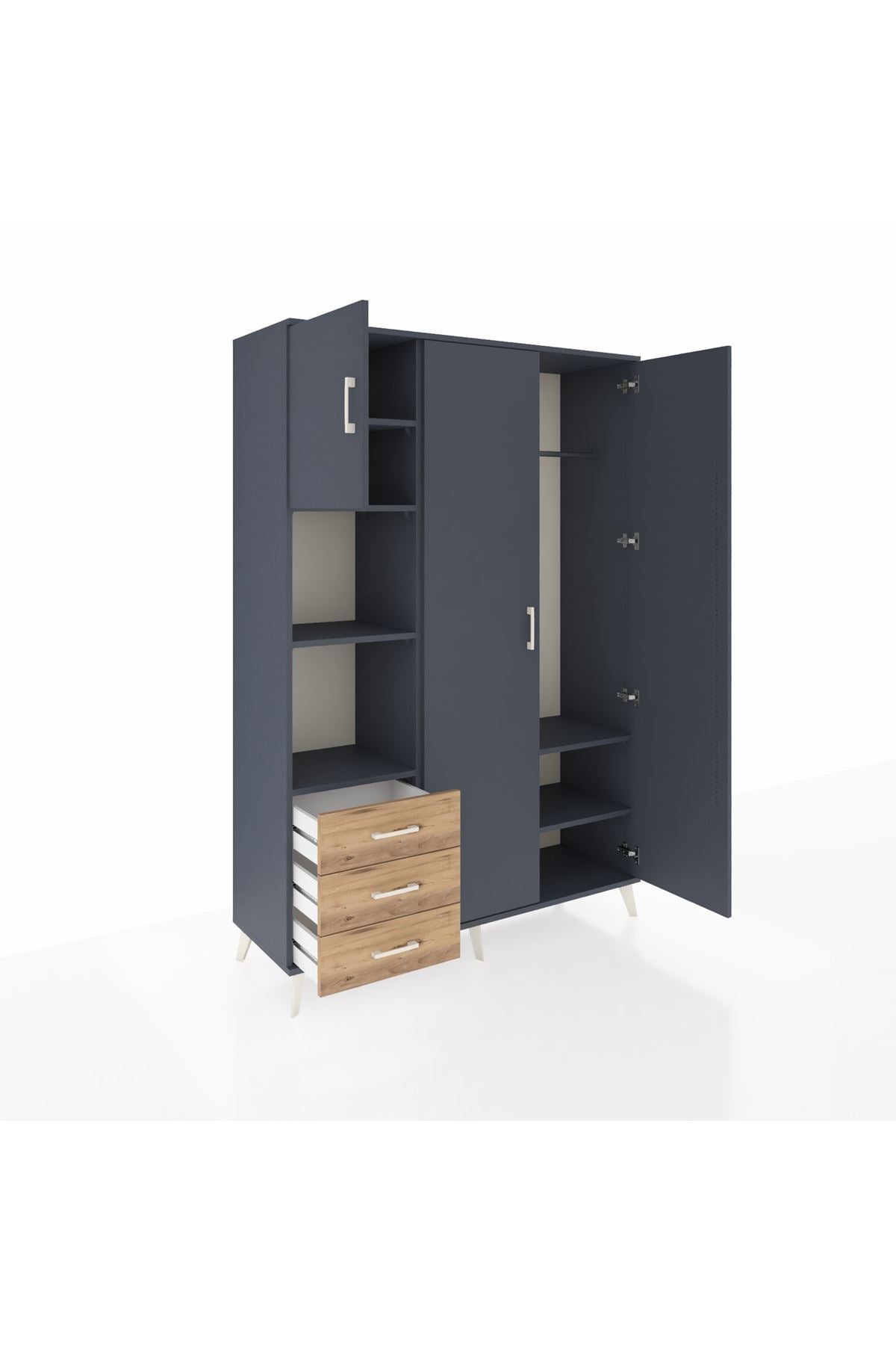 Hyperion Dolap 6 Raflı 3 Çekmeceli Tek Askılı 132x44x195 Antrasit-Antrasit/Çam