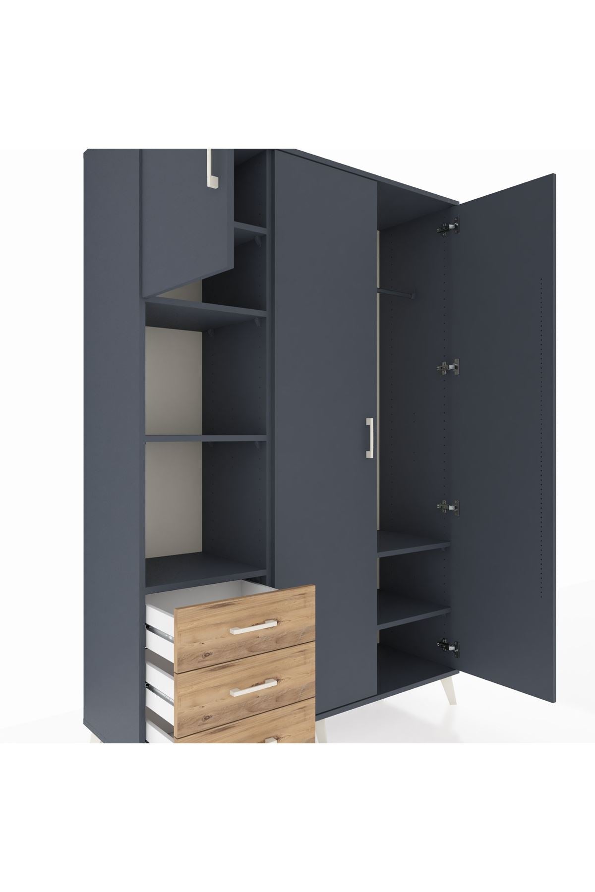 Hyperion Dolap 6 Raflı 3 Çekmeceli Tek Askılı 132x44x195 Antrasit-Antrasit/Çam